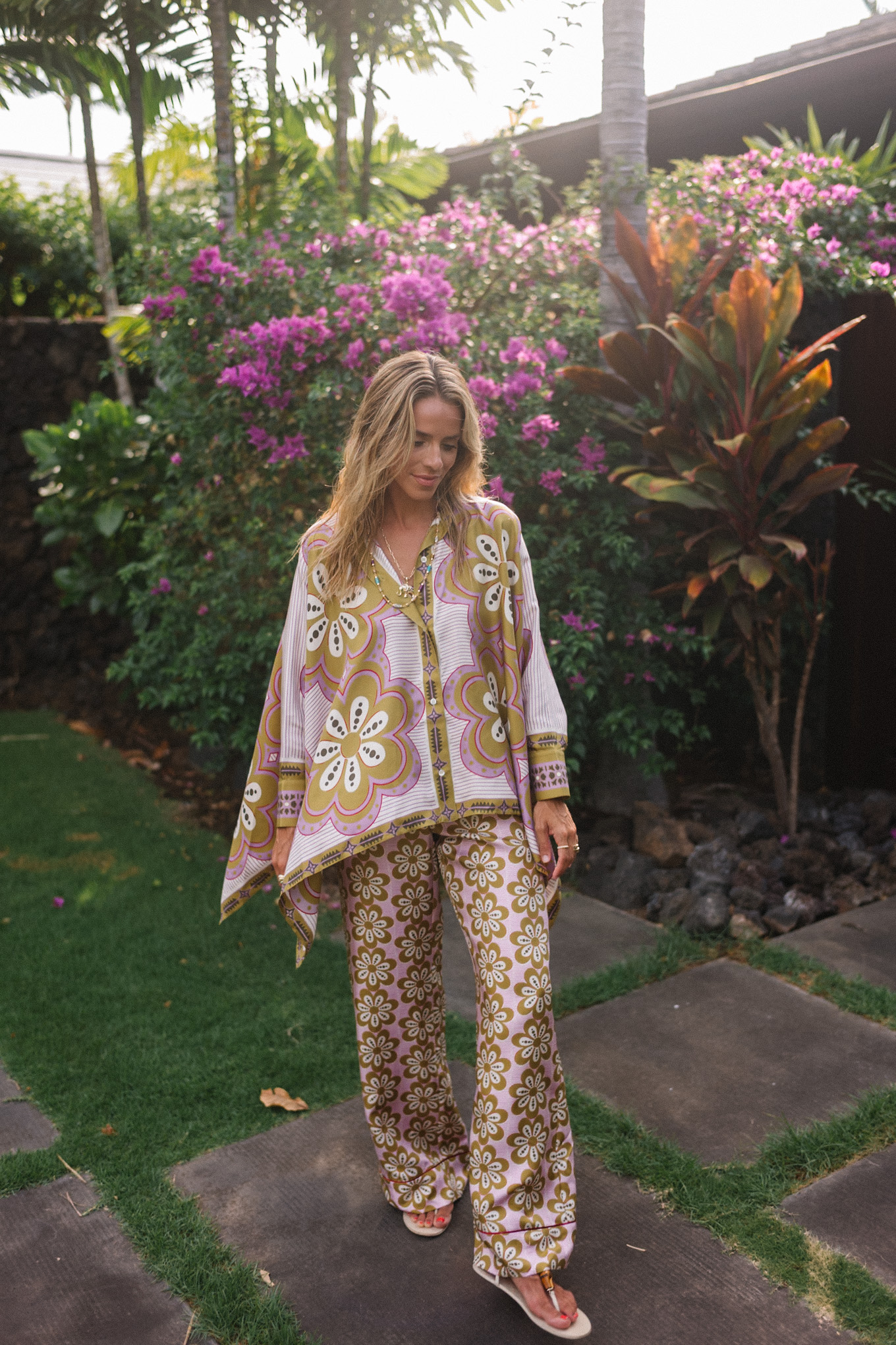 pink green floral silk top and pants