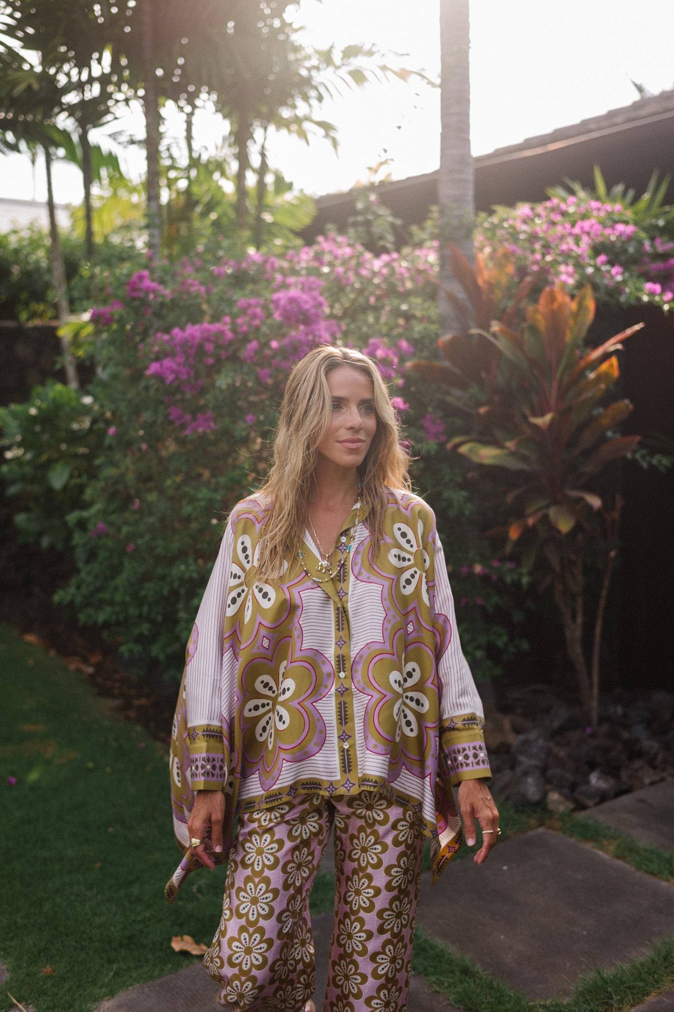 pink green floral silk top and pants