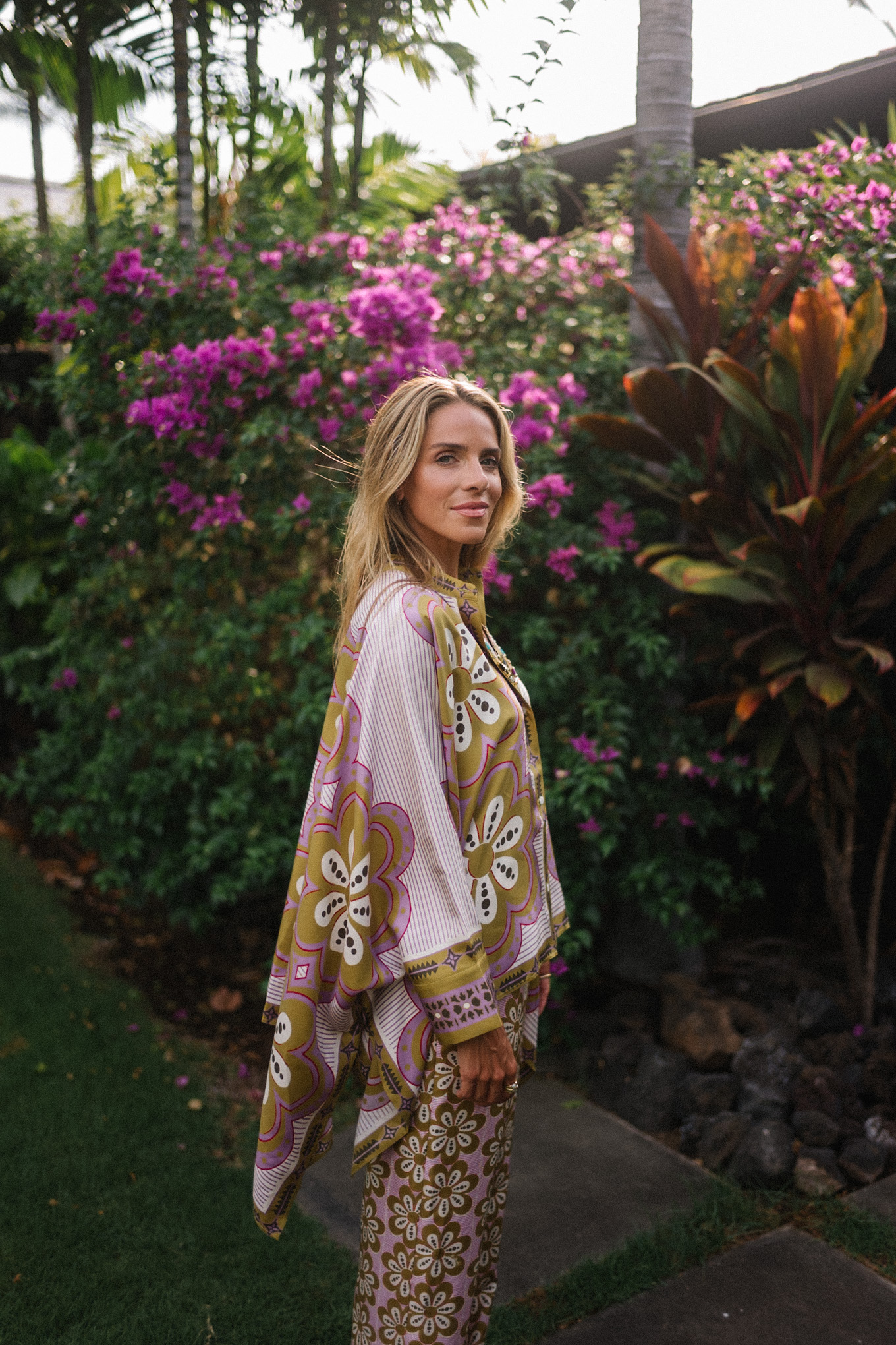 pink green floral silk top and pants
