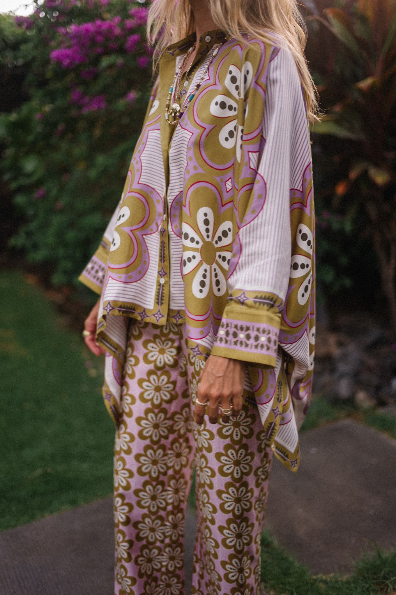 pink green floral silk top and pants
