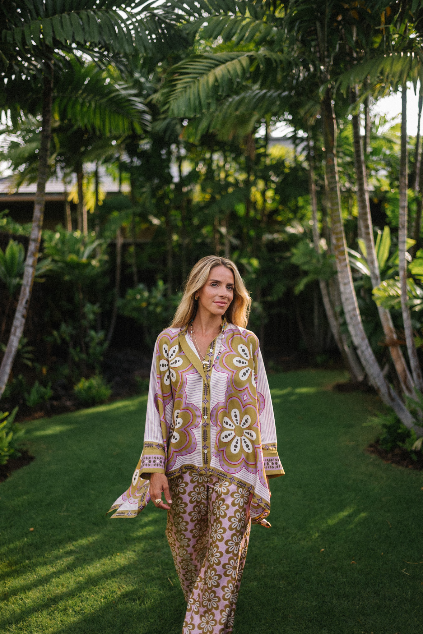 pink green floral silk top and pants