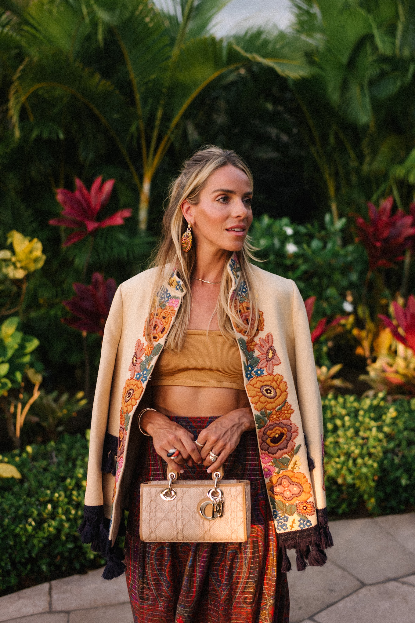 embroidered jacket paisley maxi skirt gold cropped tank