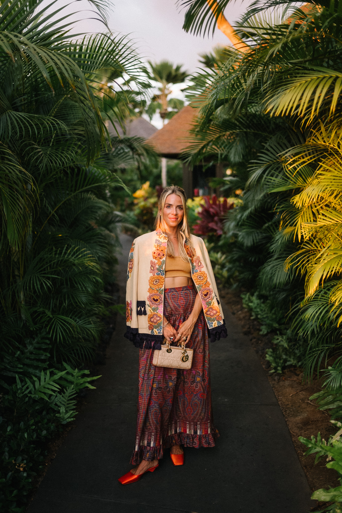 embroidered jacket paisley maxi skirt gold cropped tank