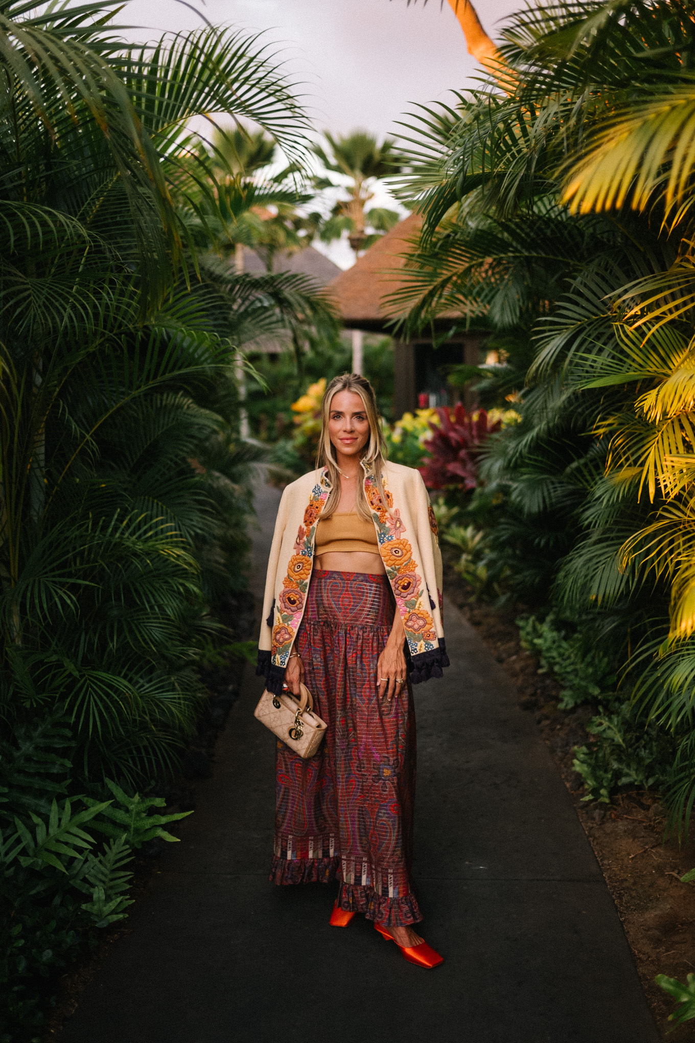 embroidered jacket paisley maxi skirt gold cropped tank