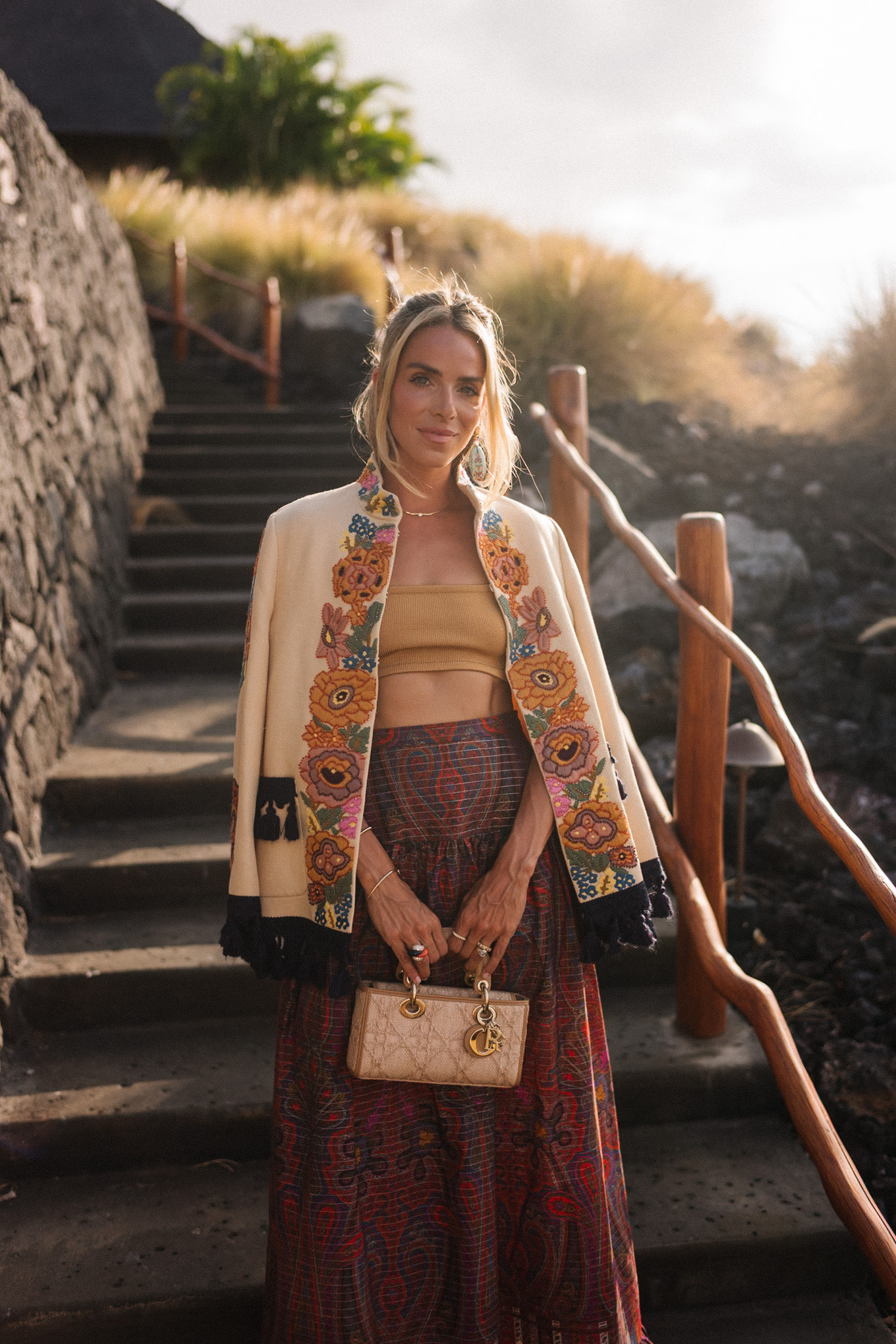 embroidered jacket paisley maxi skirt gold cropped tank