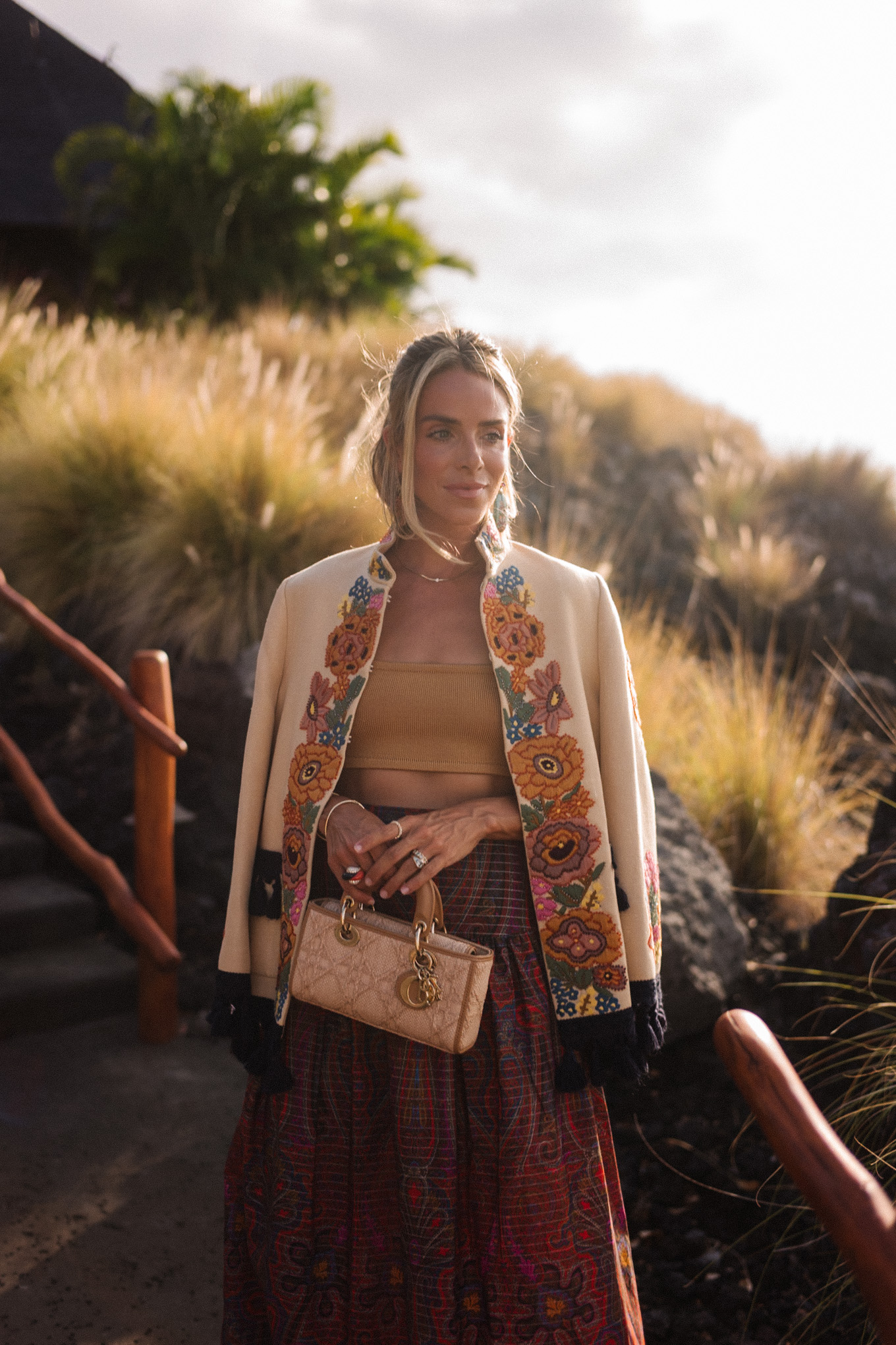 embroidered jacket paisley maxi skirt gold cropped tank