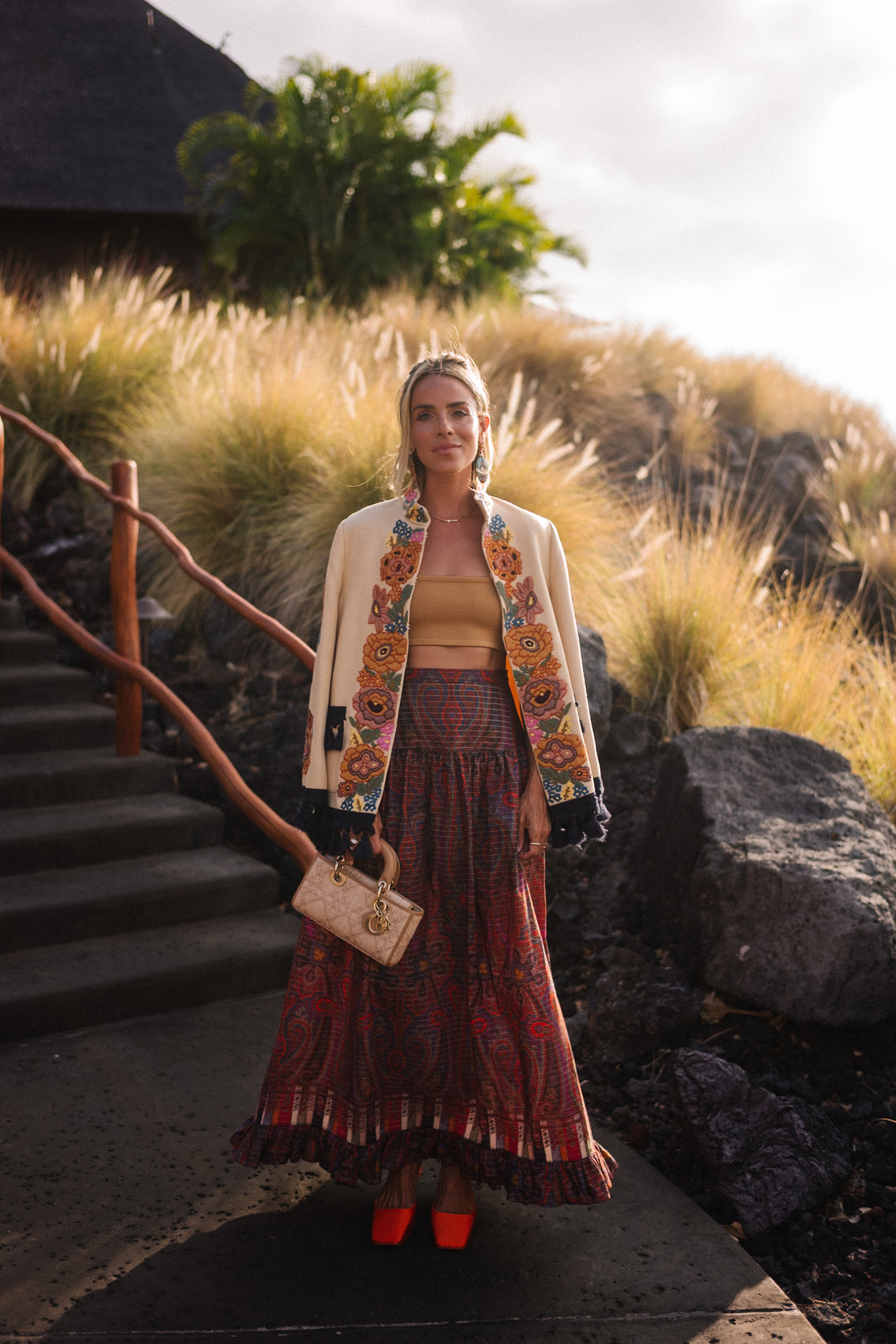 embroidered jacket paisley maxi skirt gold cropped tank