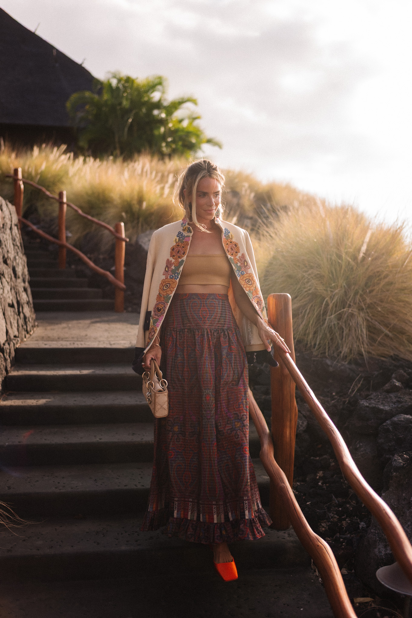 embroidered jacket paisley maxi skirt gold cropped tank