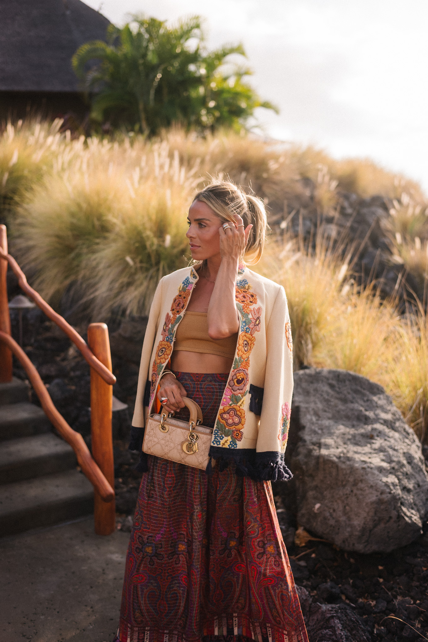 embroidered jacket paisley maxi skirt gold cropped tank