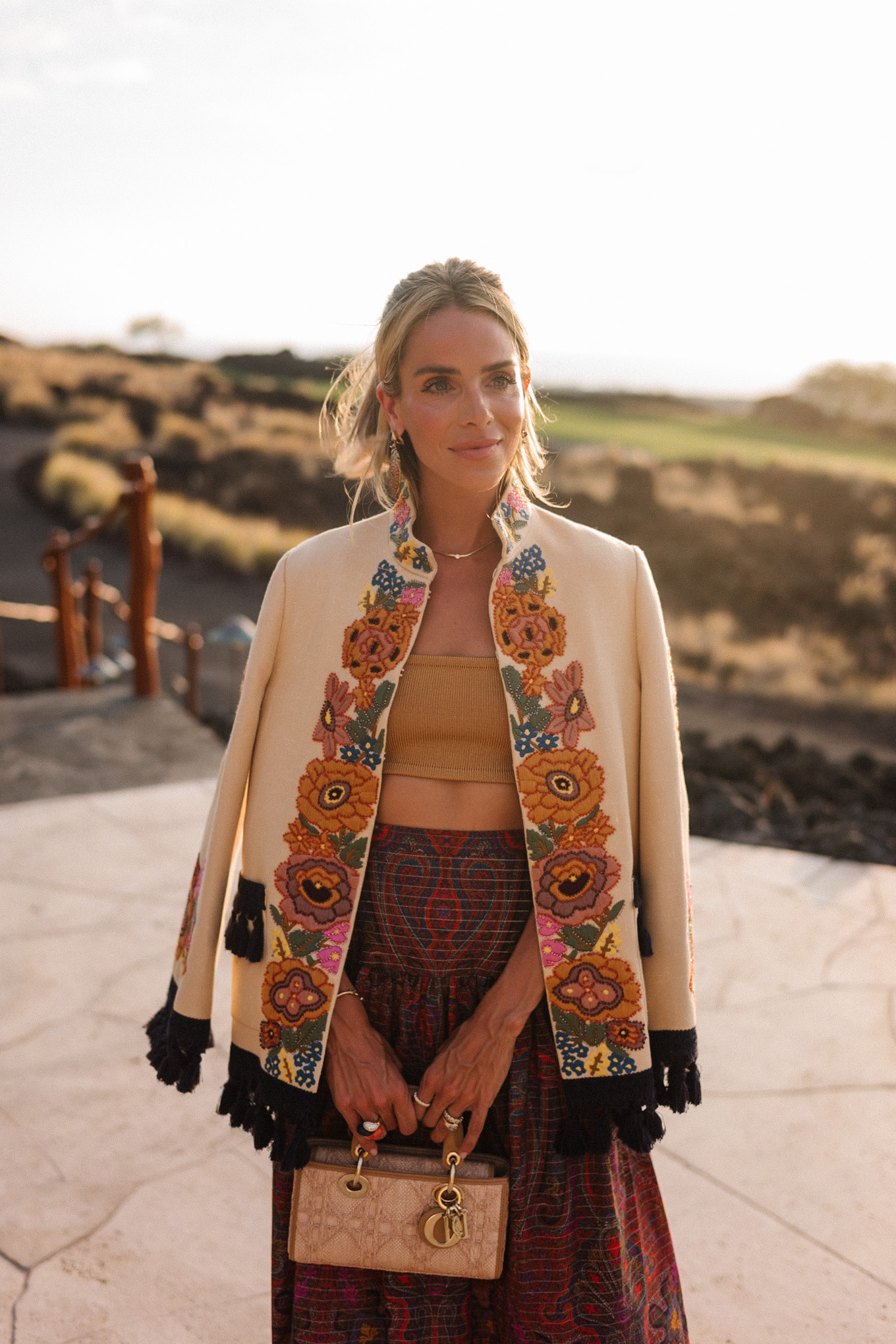 embroidered jacket paisley maxi skirt gold cropped tank