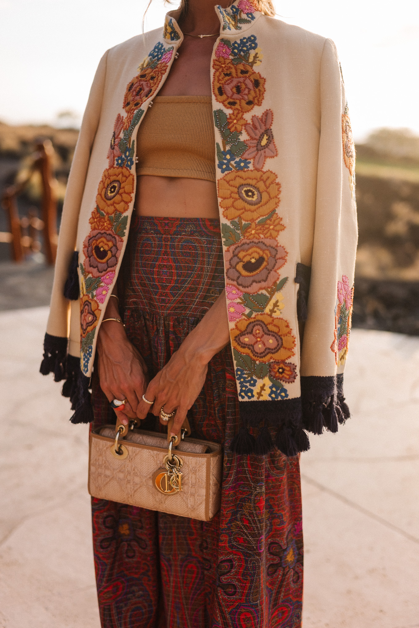 embroidered jacket paisley maxi skirt gold cropped tank