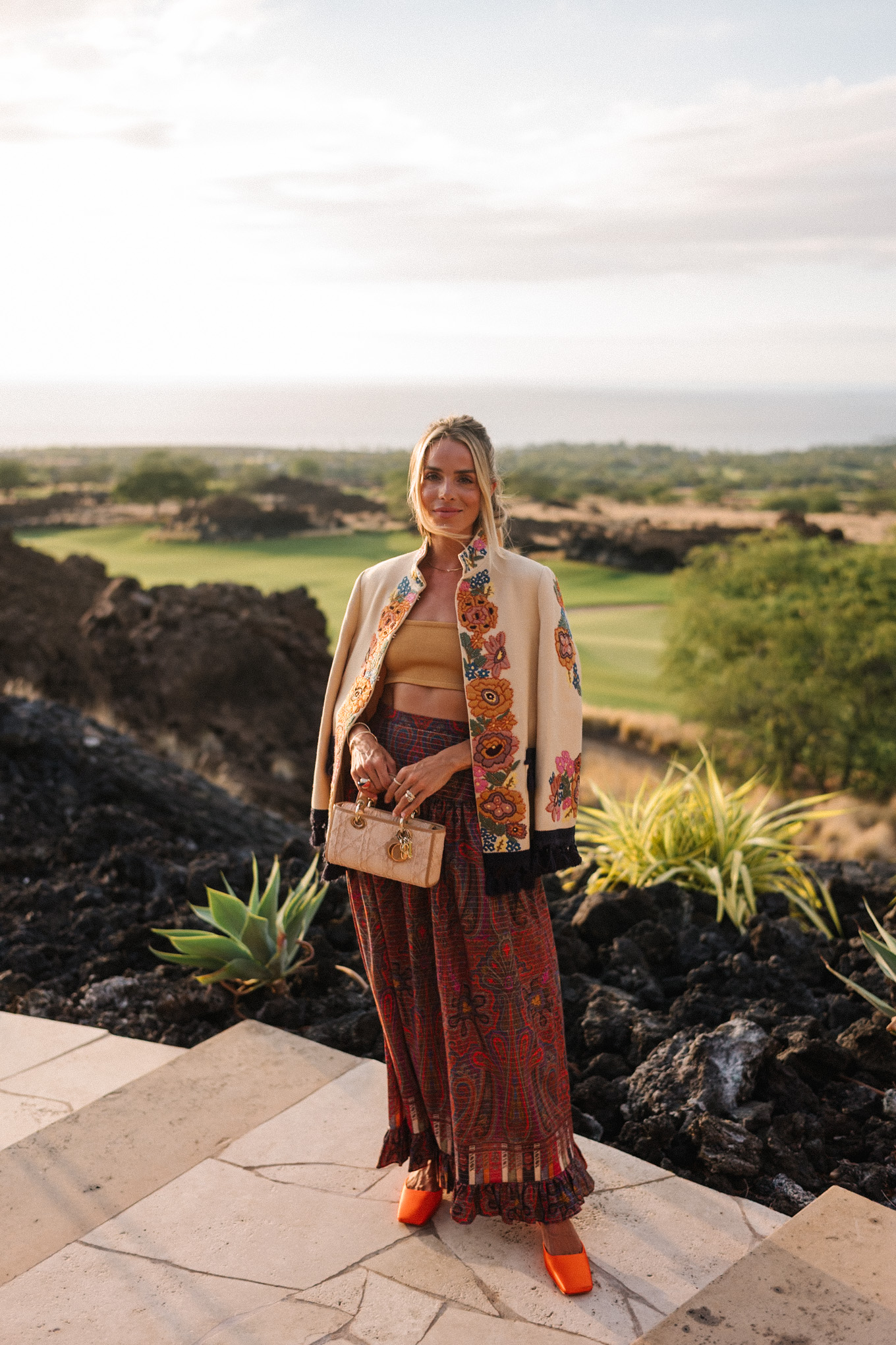 embroidered jacket paisley maxi skirt gold cropped tank