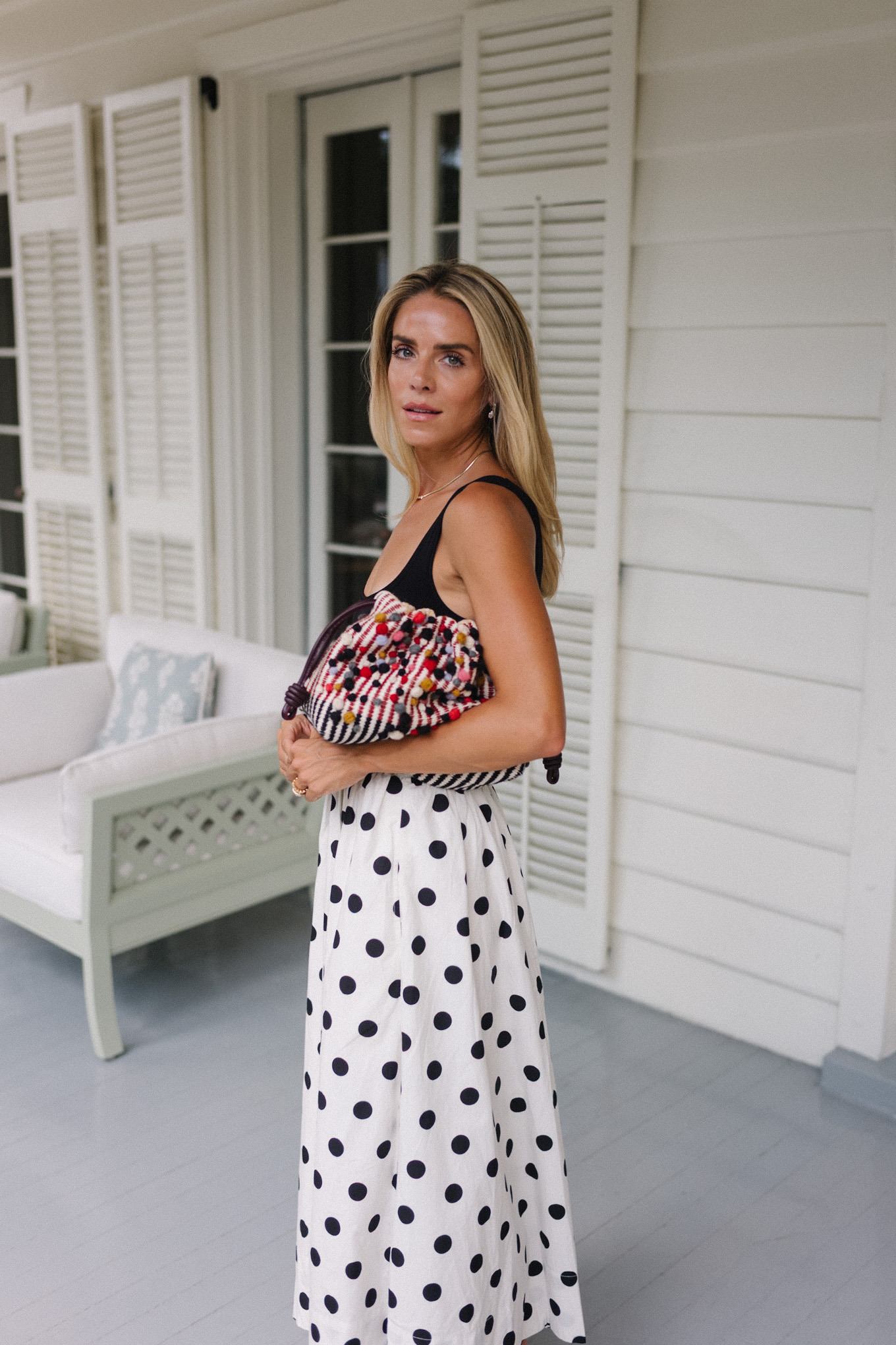 black tank black white polka dot maxi skirt