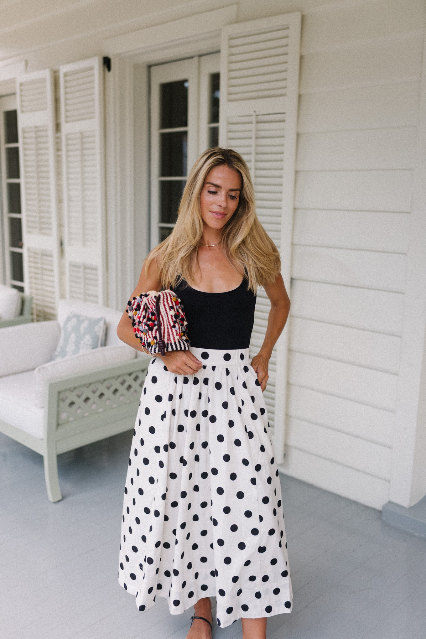 black tank black white polka dot maxi skirt
