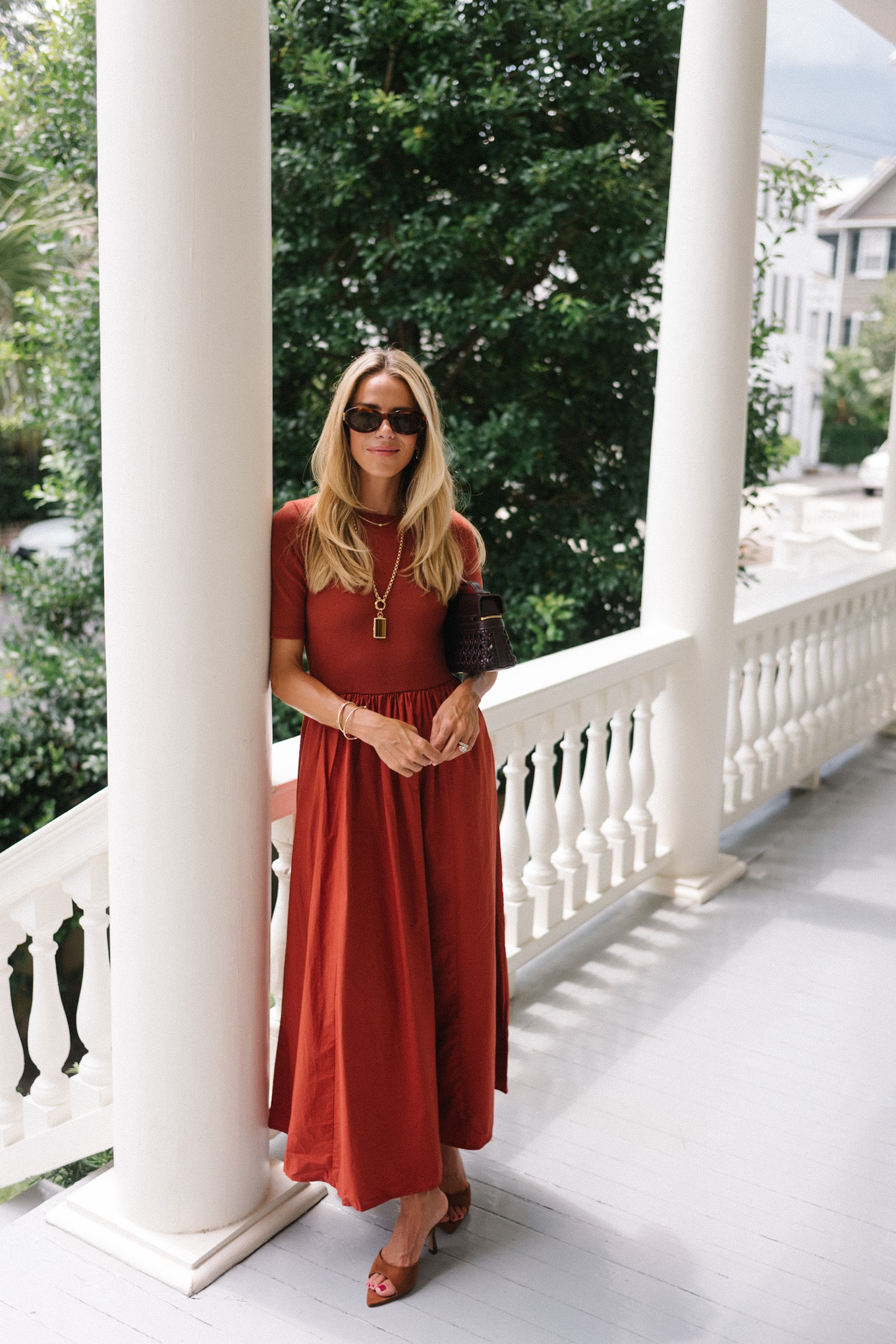 rust midi shirtdress brown leather and rattan bag brown sunnies brown heels