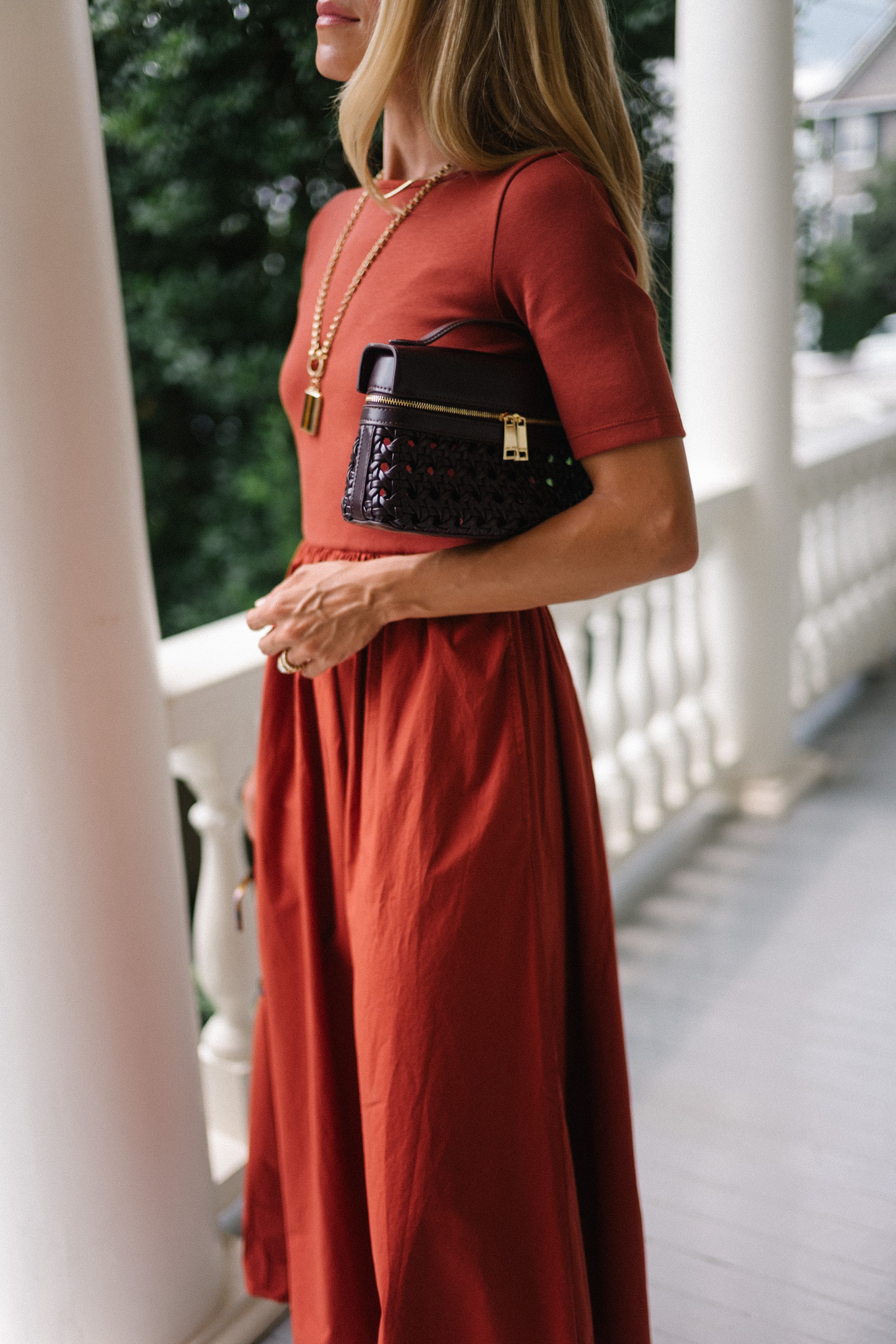 rust midi shirtdress brown leather and rattan bag brown sunnies brown heels