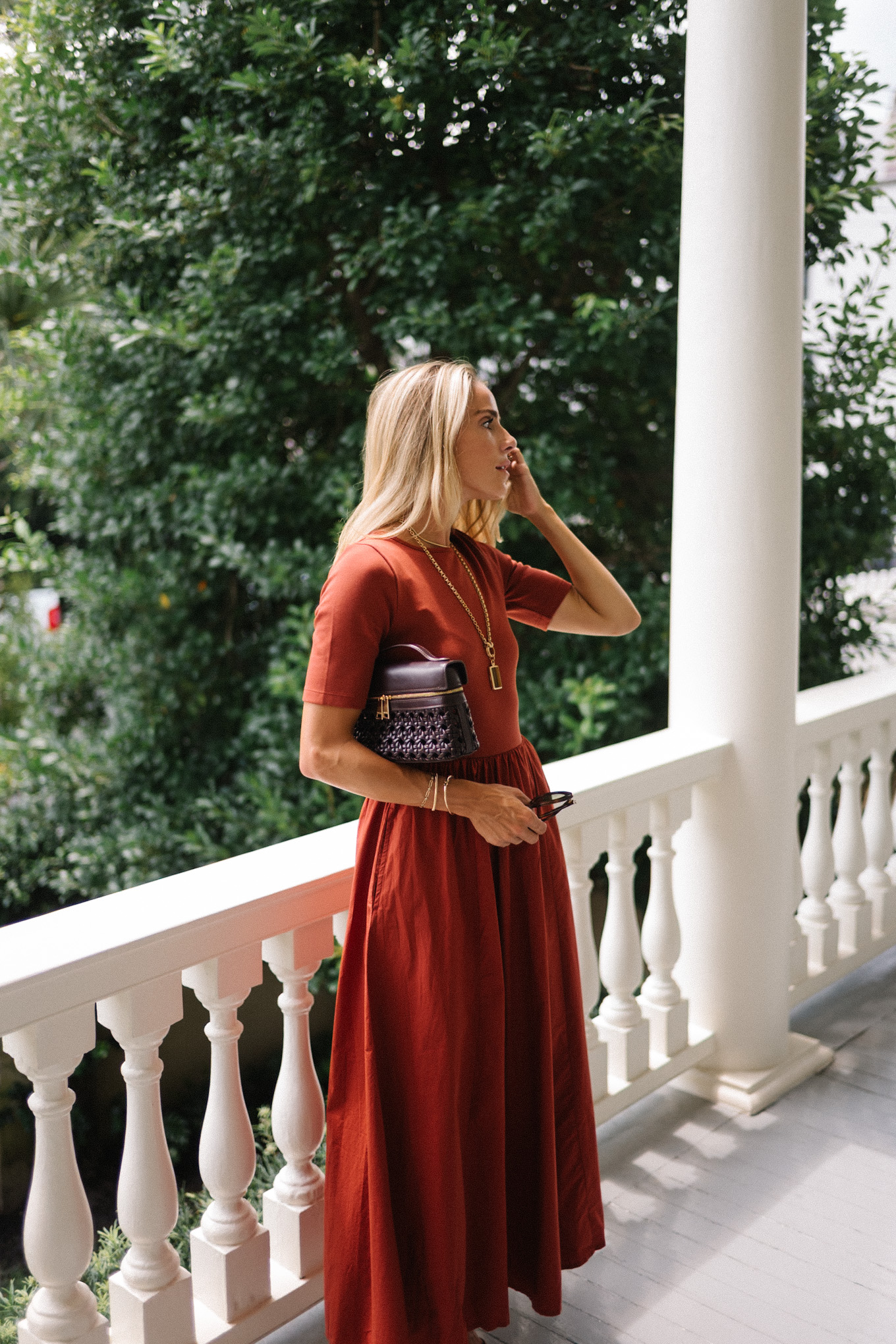 rust midi shirtdress brown leather and rattan bag brown sunnies brown heels