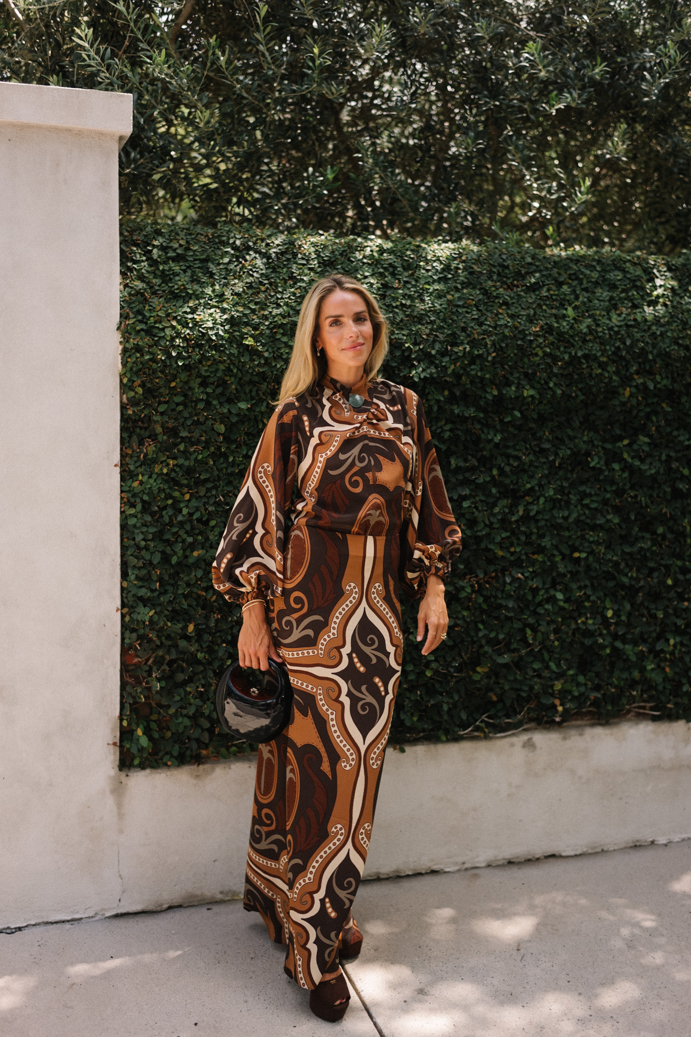 brown cream green fall patterned silk blouse and maxi skirt brown open toed pumps