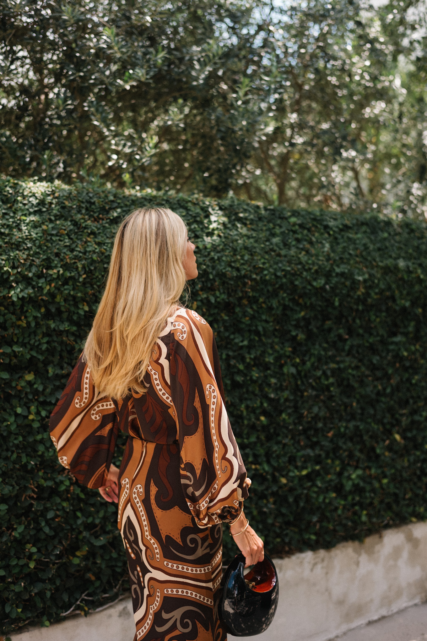 brown cream green fall patterned silk blouse and maxi skirt brown open toed pumps