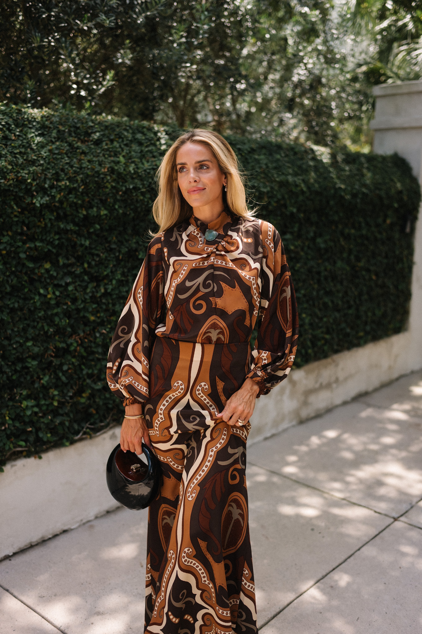 brown cream green fall patterned silk blouse and maxi skirt brown open toed pumps