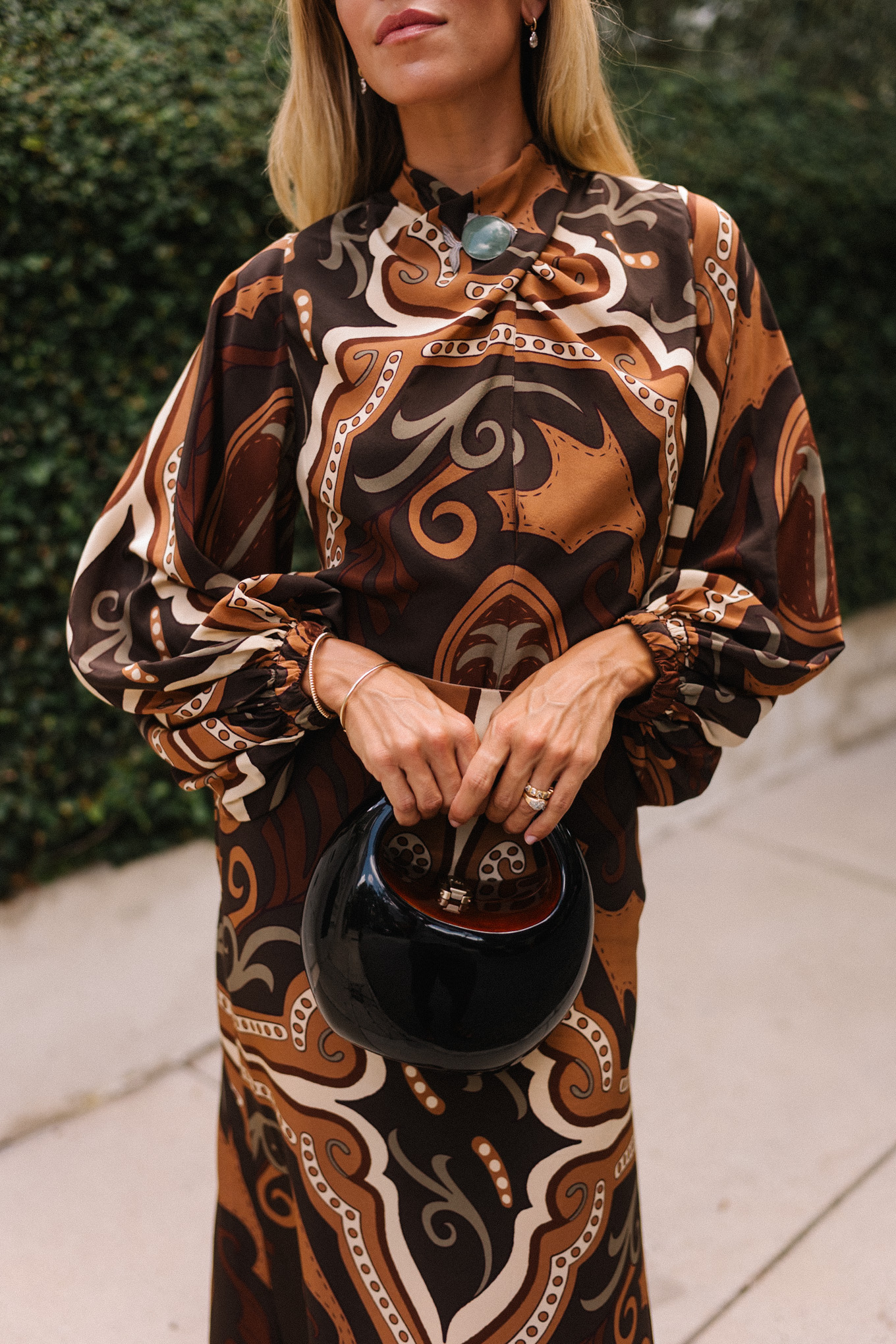 brown cream green fall patterned silk blouse and maxi skirt brown open toed pumps