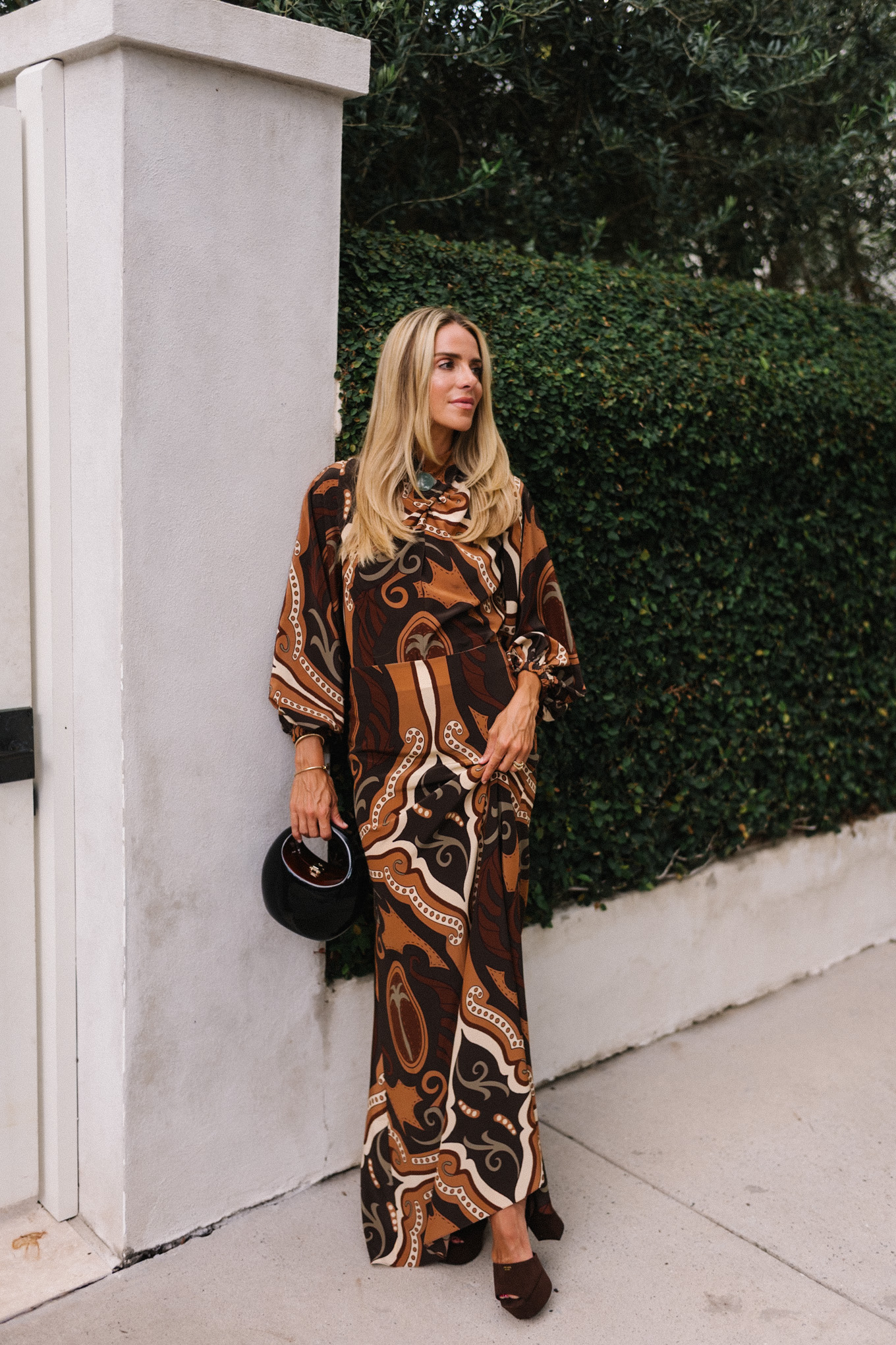 brown cream green fall patterned silk blouse and maxi skirt brown open toed pumps