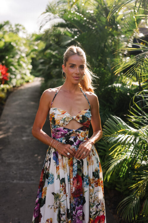 floral top and skirt set red floral pumps statement earrings