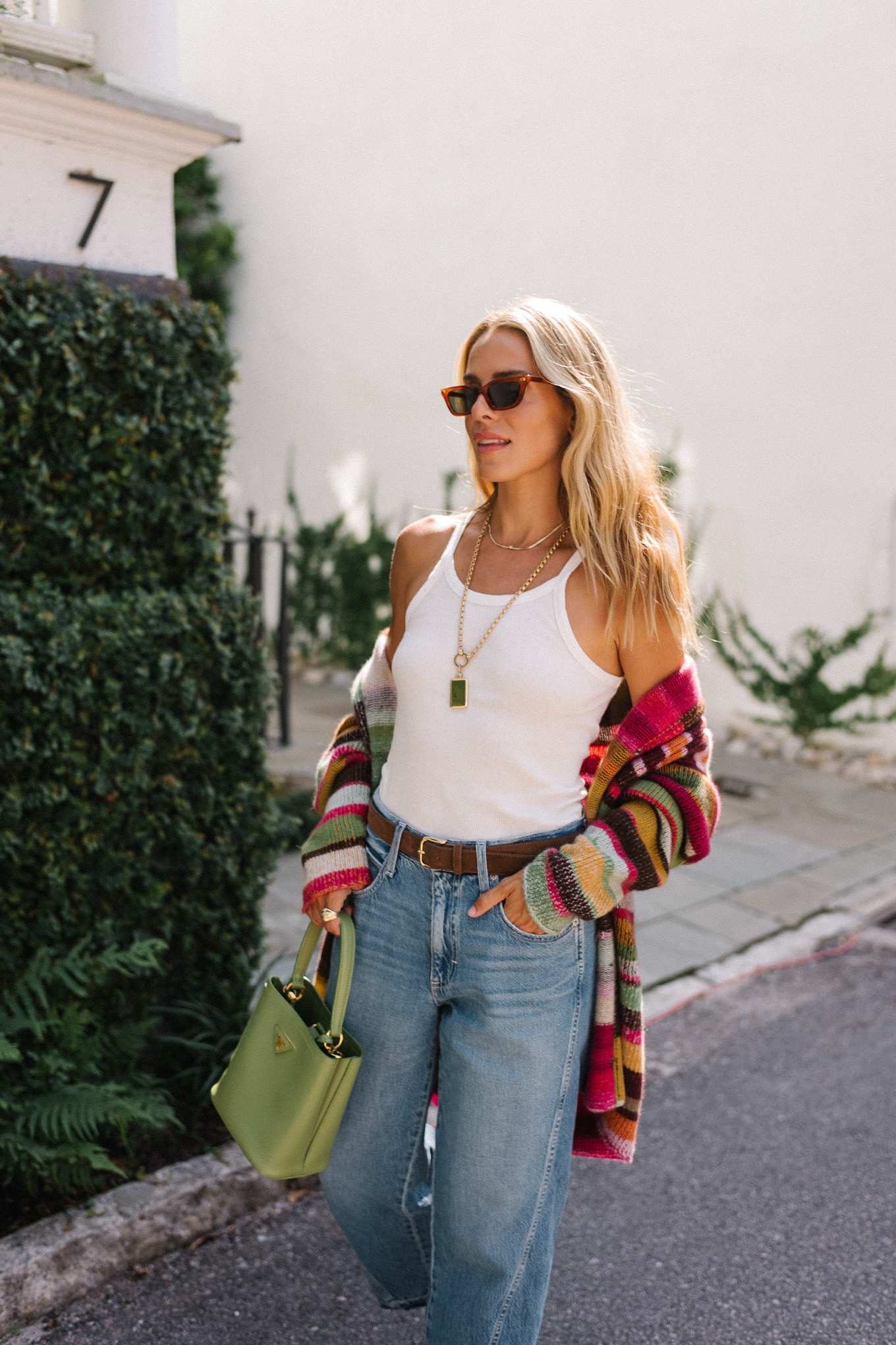 rainbow stripe cardigan white tank light wash denim brown mules