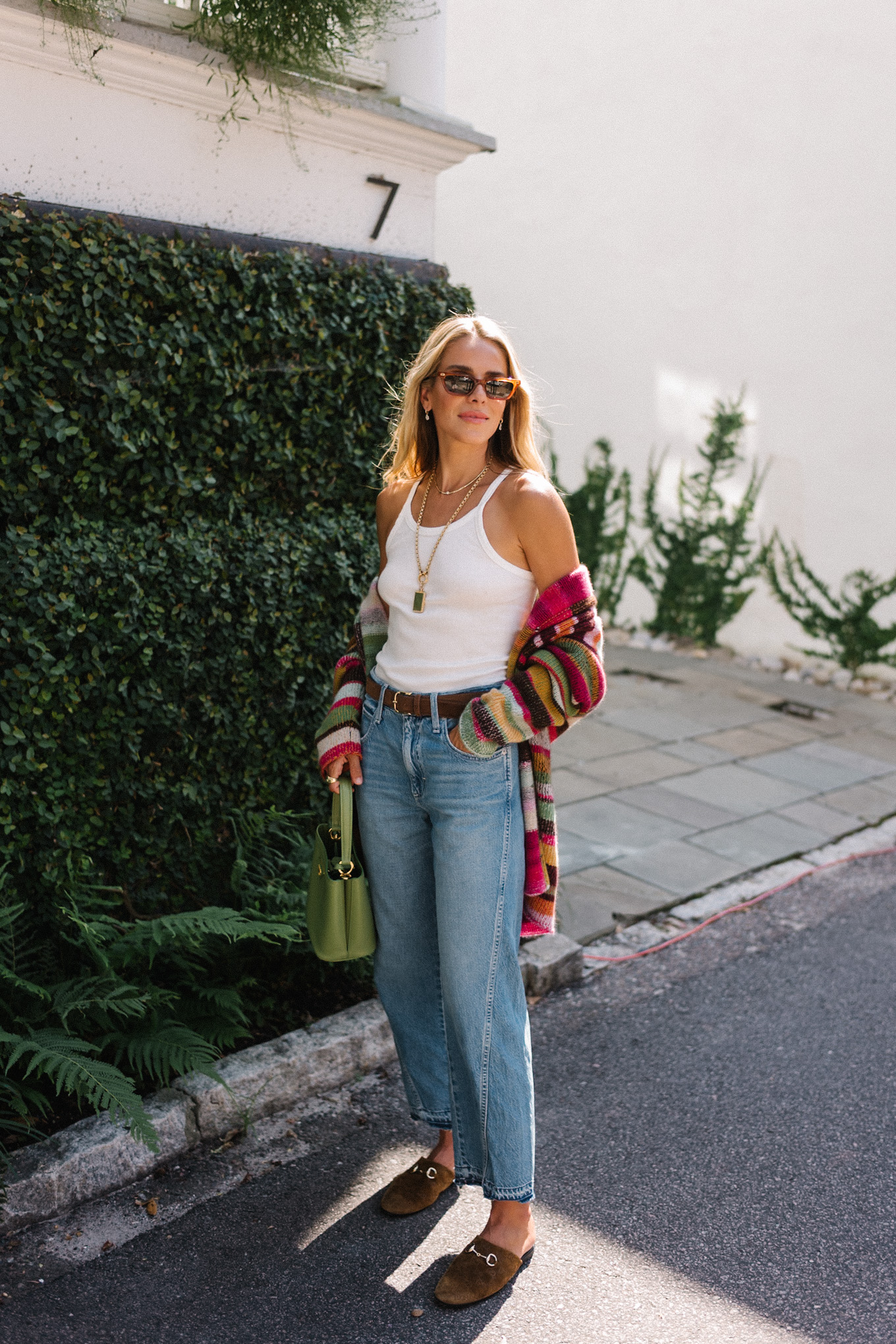 rainbow stripe cardigan white tank light wash denim brown mules
