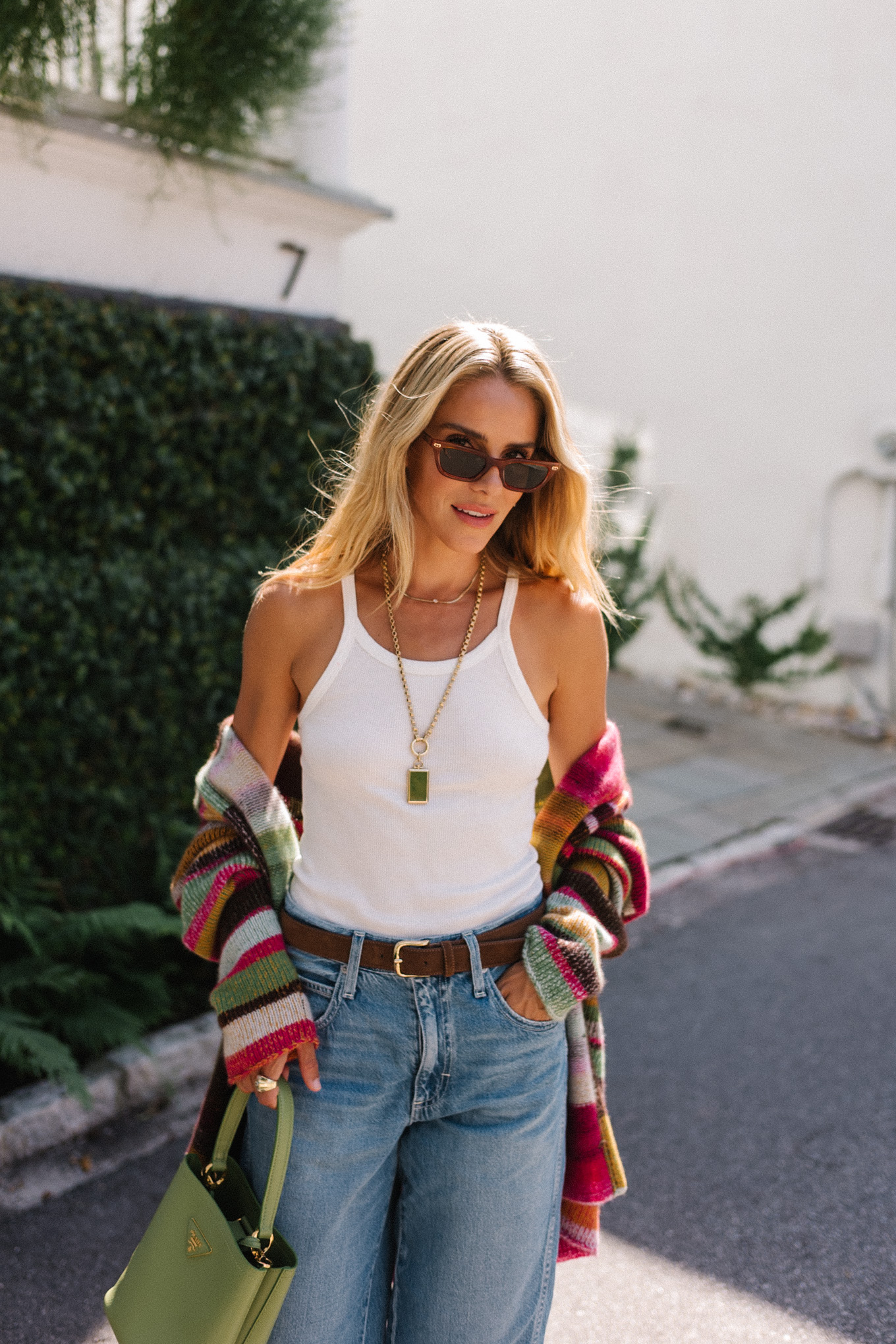 rainbow stripe cardigan white tank light wash denim brown mules