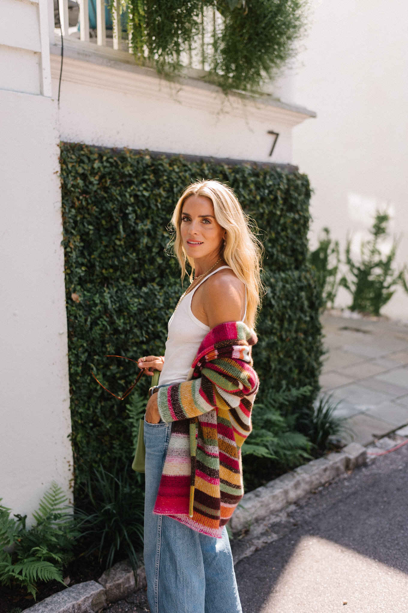 rainbow stripe cardigan white tank light wash denim brown mules