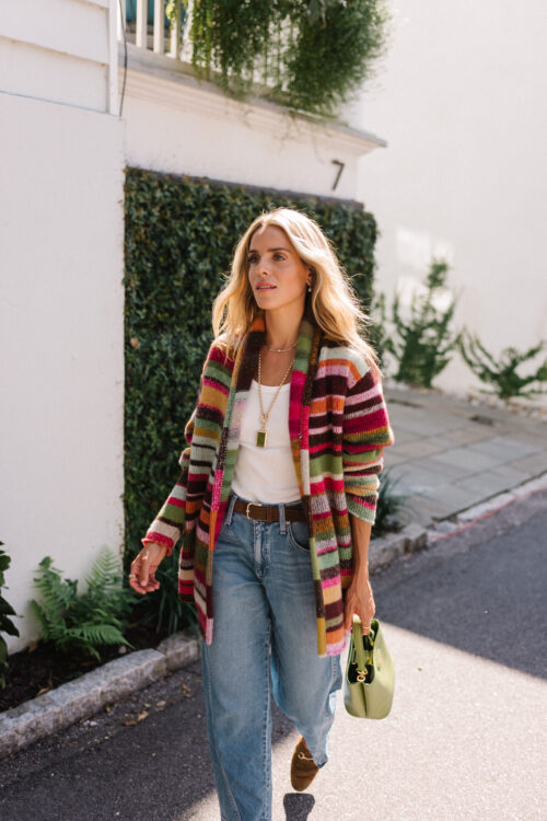rainbow stripe cardigan white tank light wash denim brown mules