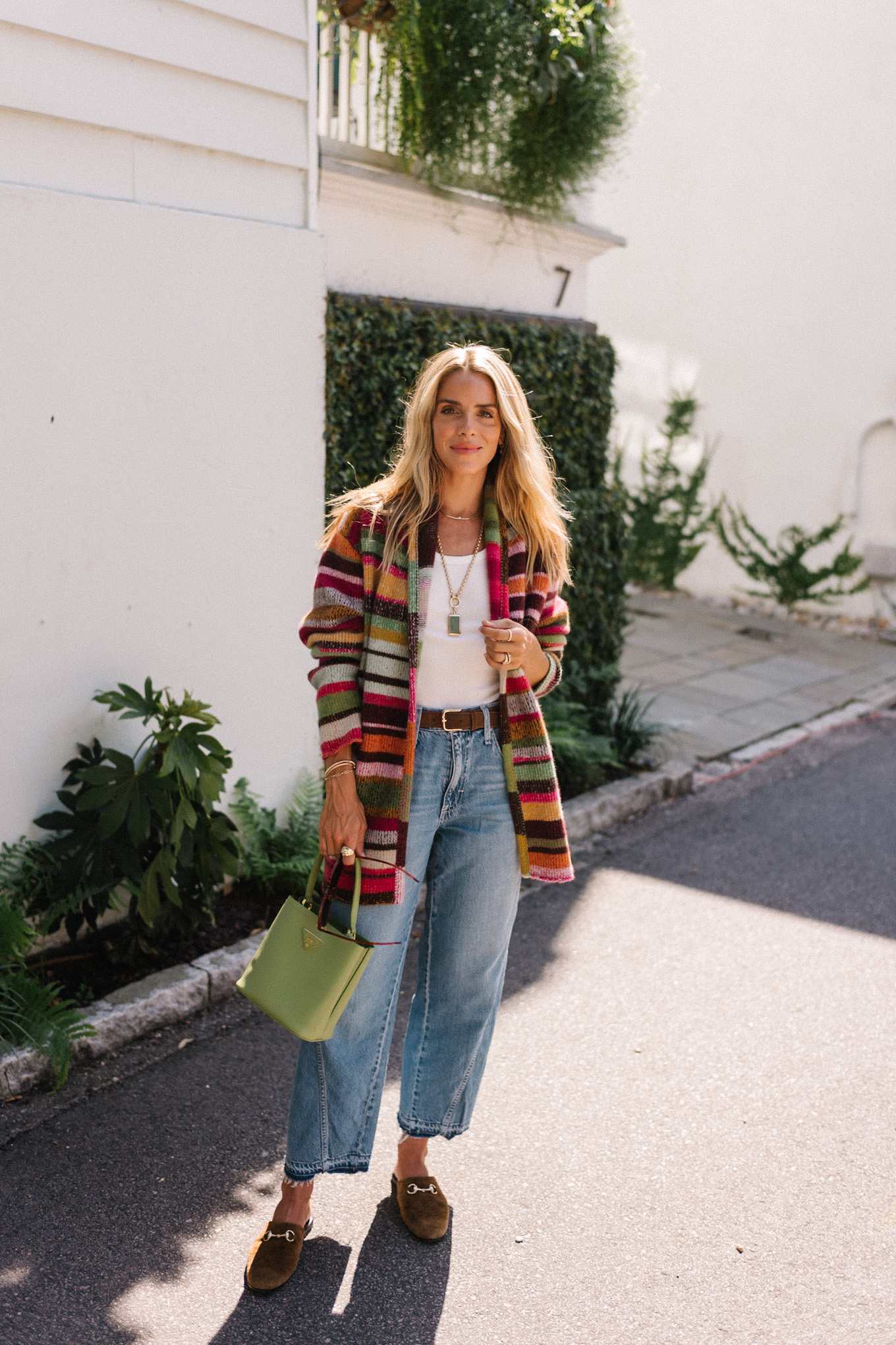 rainbow stripe cardigan white tank light wash denim brown mules