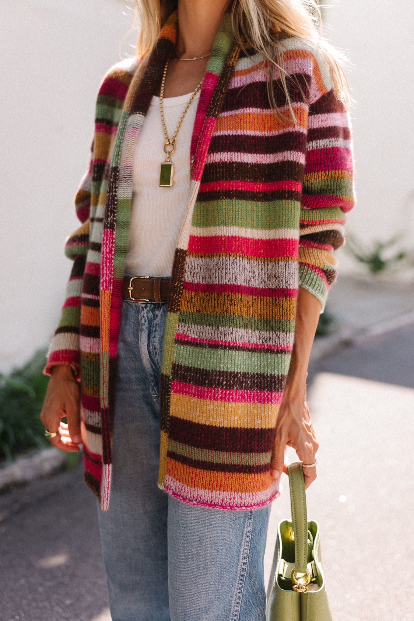 rainbow stripe cardigan white tank light wash denim brown mules