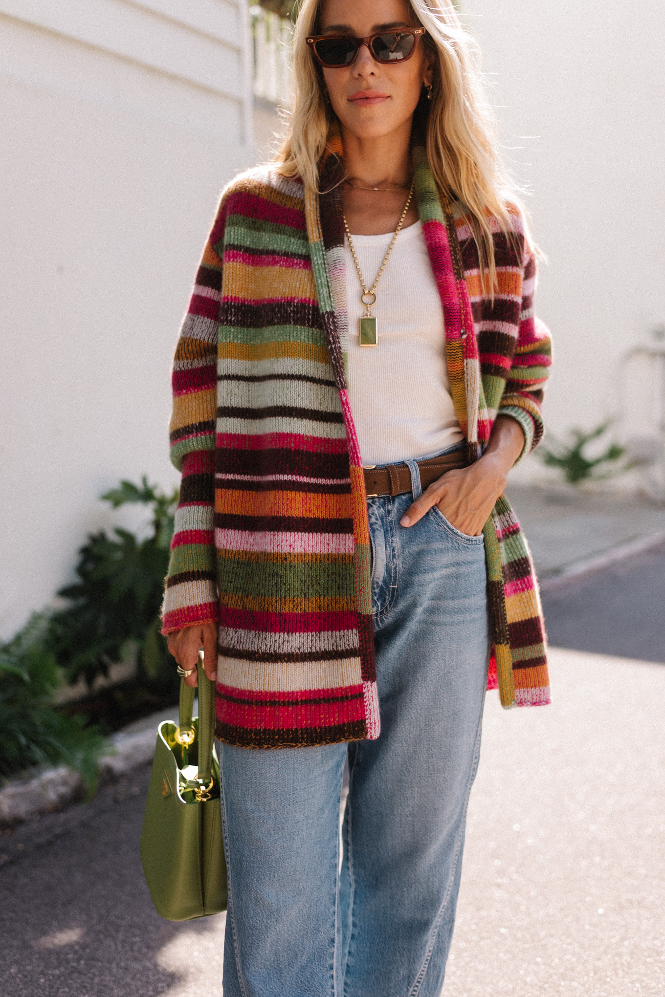 rainbow stripe cardigan white tank light wash denim brown mules