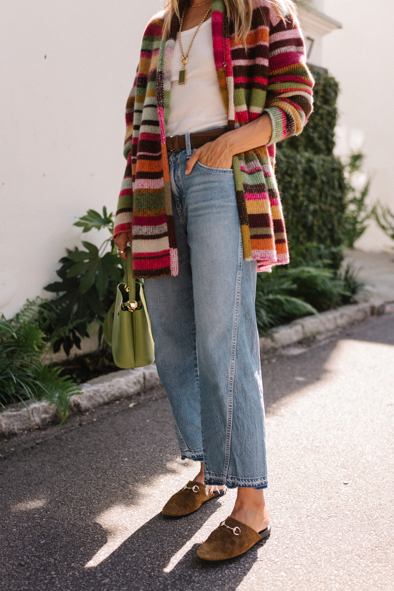 rainbow stripe cardigan white tank light wash denim brown mules