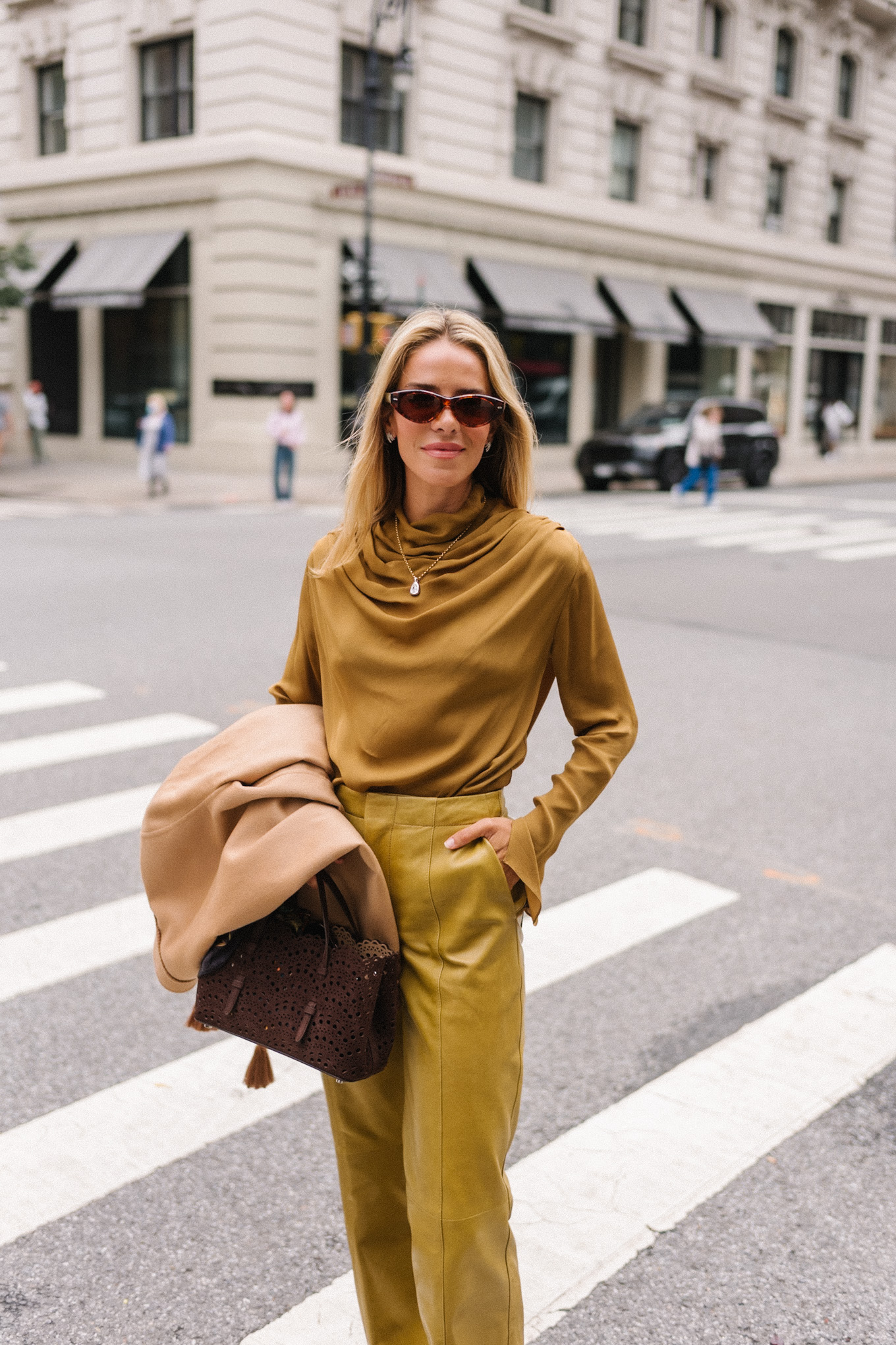 gold silk blouse gold leather pants tan suede coat