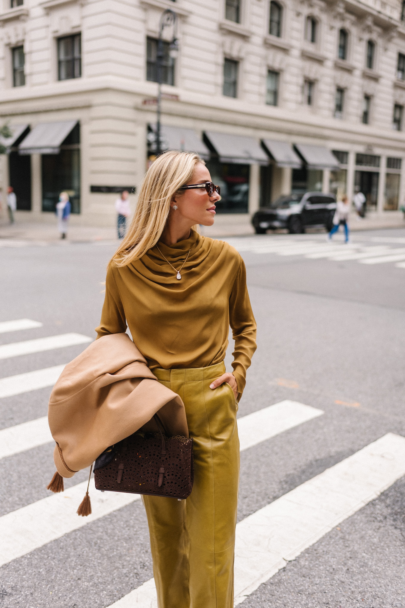 gold silk blouse gold leather pants tan suede coat