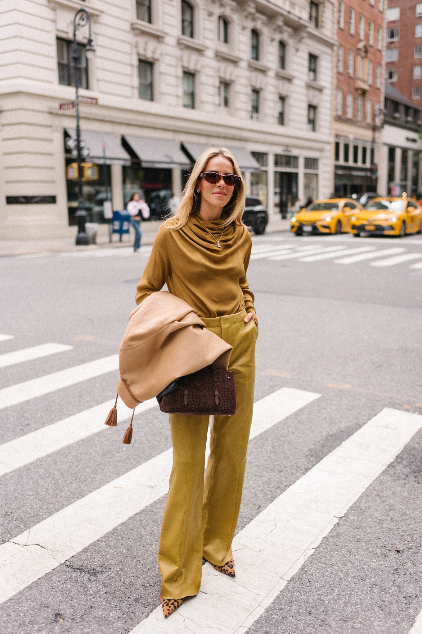 gold silk blouse gold leather pants tan suede coat