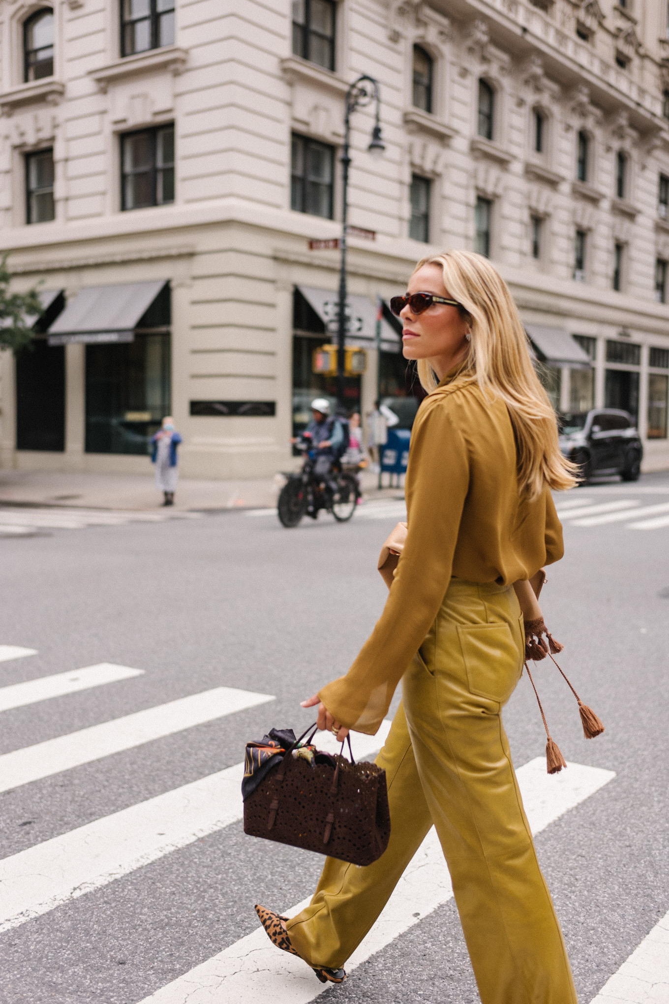 gold silk blouse gold leather pants tan suede coat