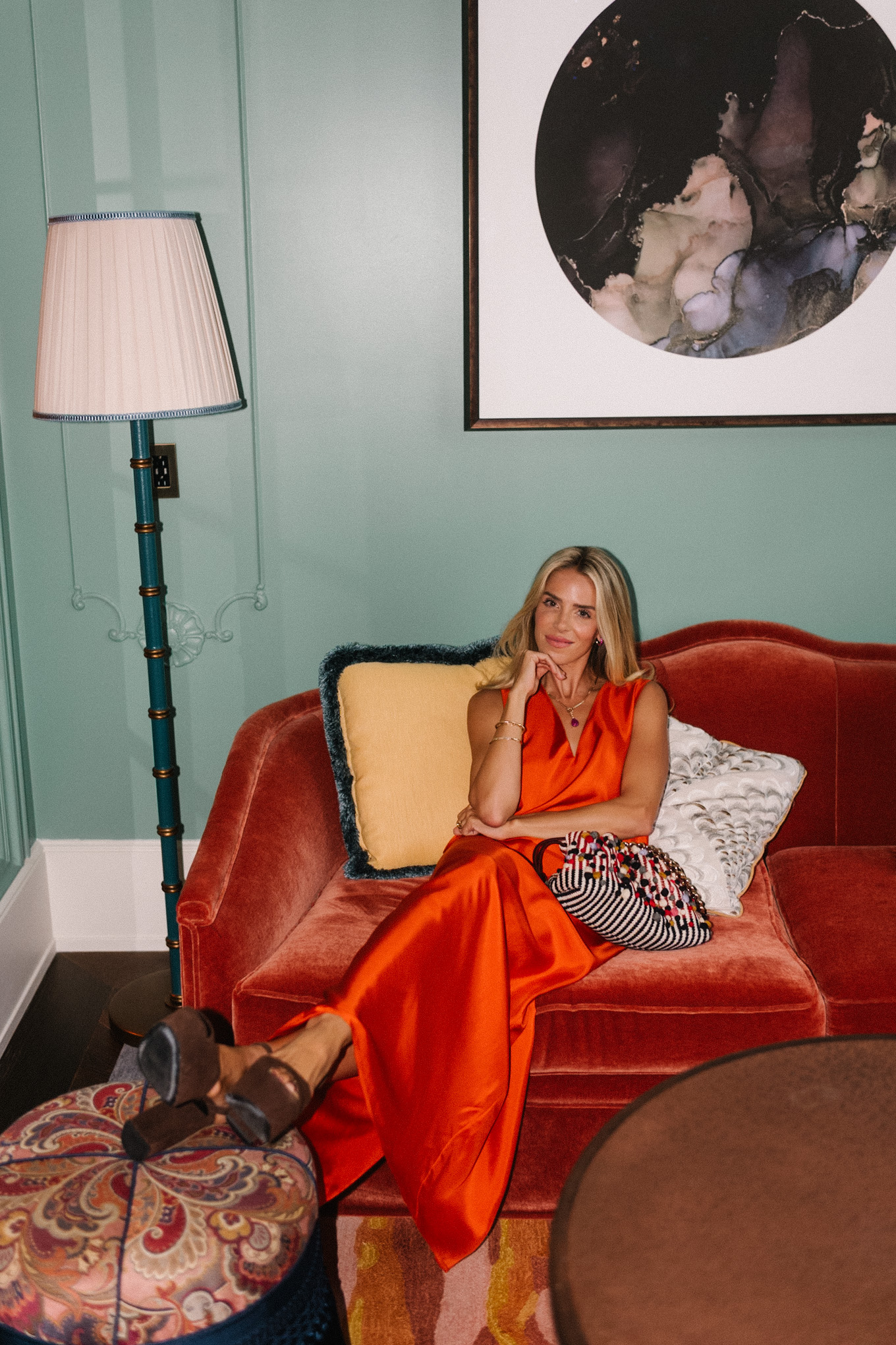 orange silk maxi dress patterned oversized handbag brown suede heels