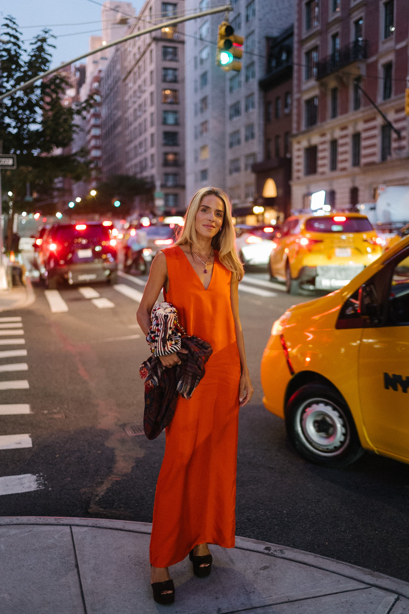 orange silk maxi dress patterned oversized handbag brown suede heels