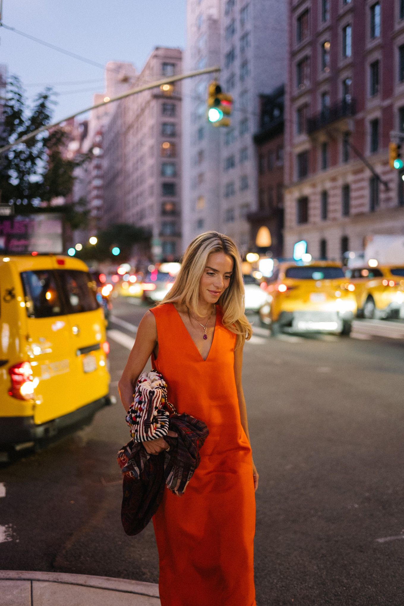 orange silk maxi dress patterned oversized handbag brown suede heels