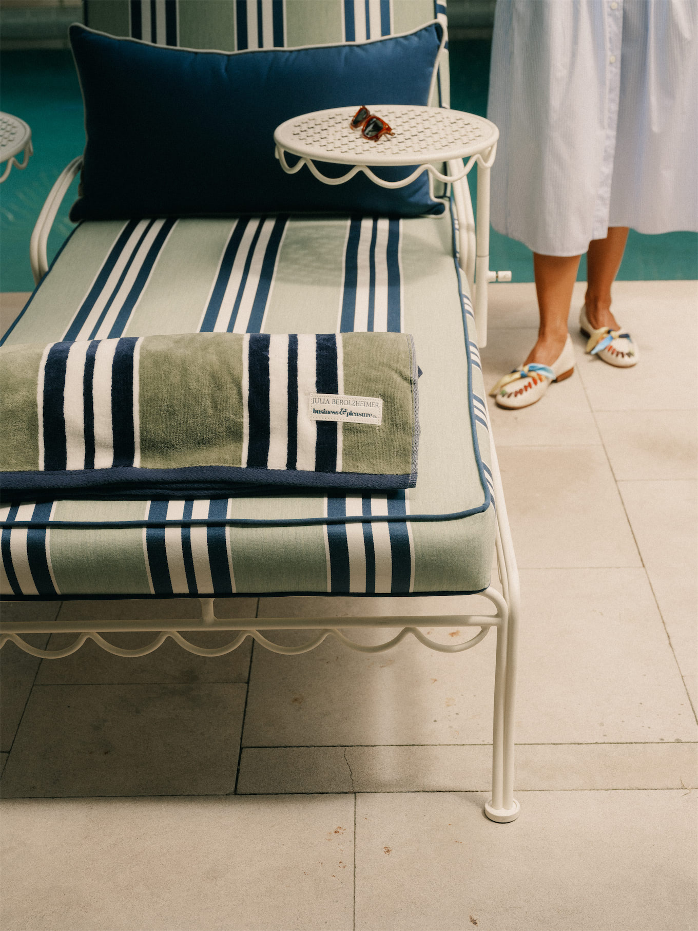 business and pleasure co blue green stripe pool towels outdoor cushions sun umbrellas coolers