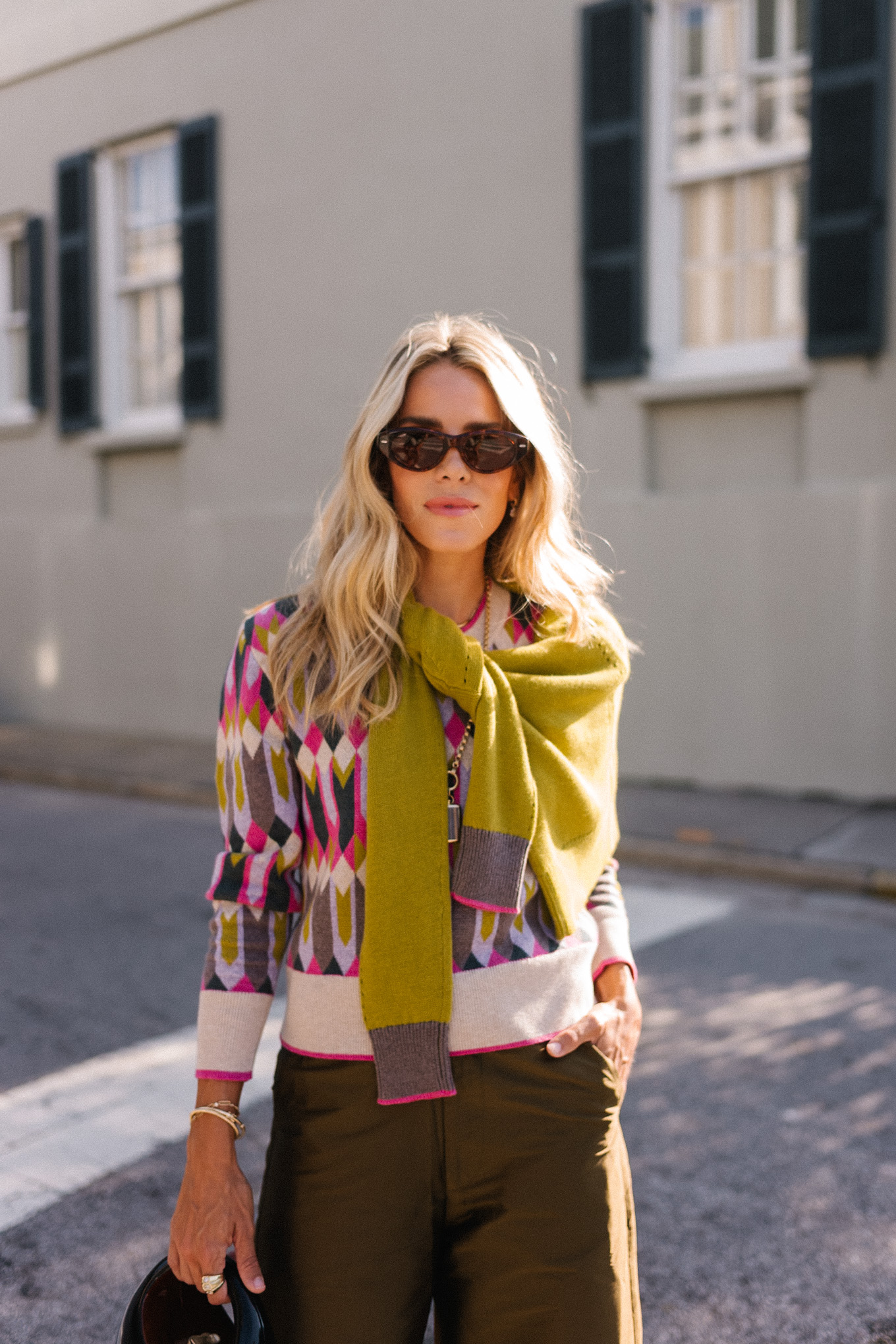 pink green tan geometric patterned cashmere knits for fall