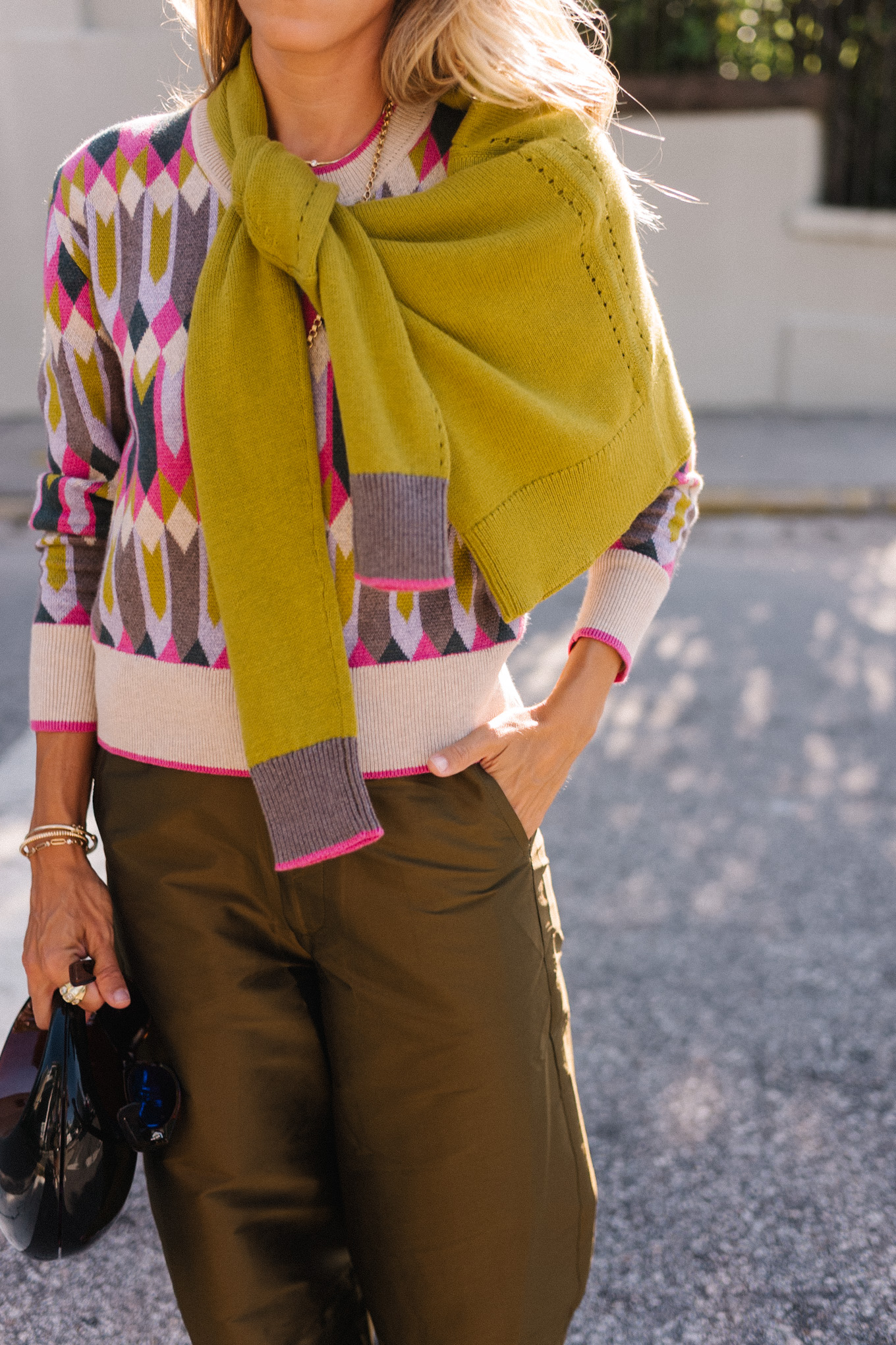 pink green tan geometric patterned cashmere knits for fall