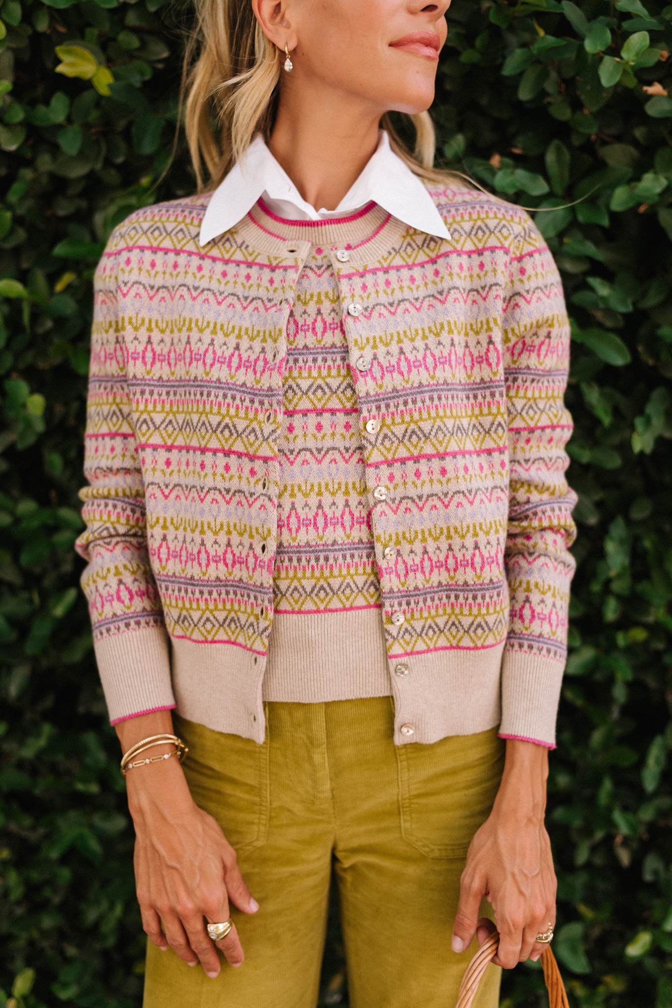 pink green tan geometric patterned cashmere knits for fall