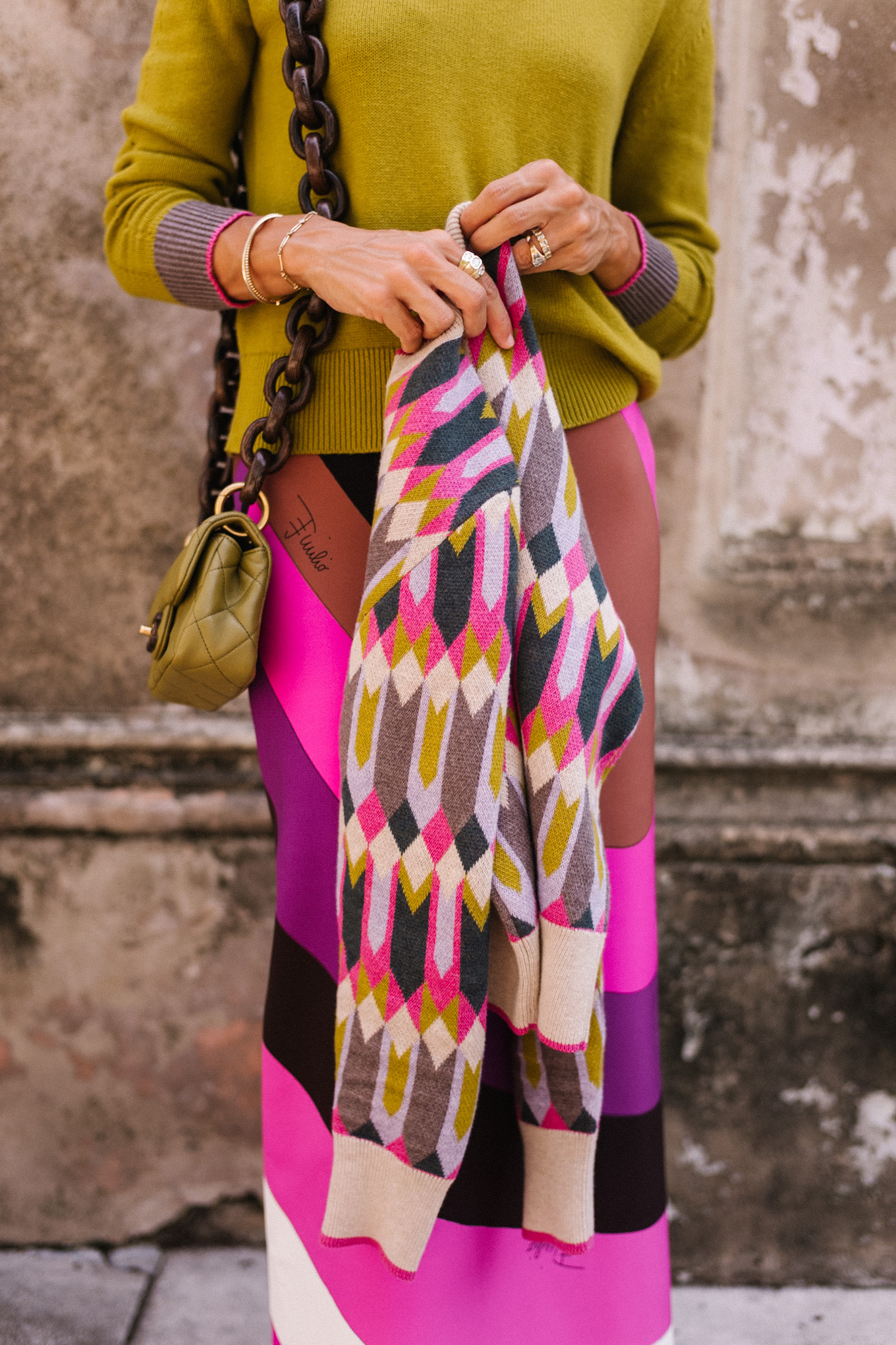 pink green tan geometric patterned cashmere knits for fall