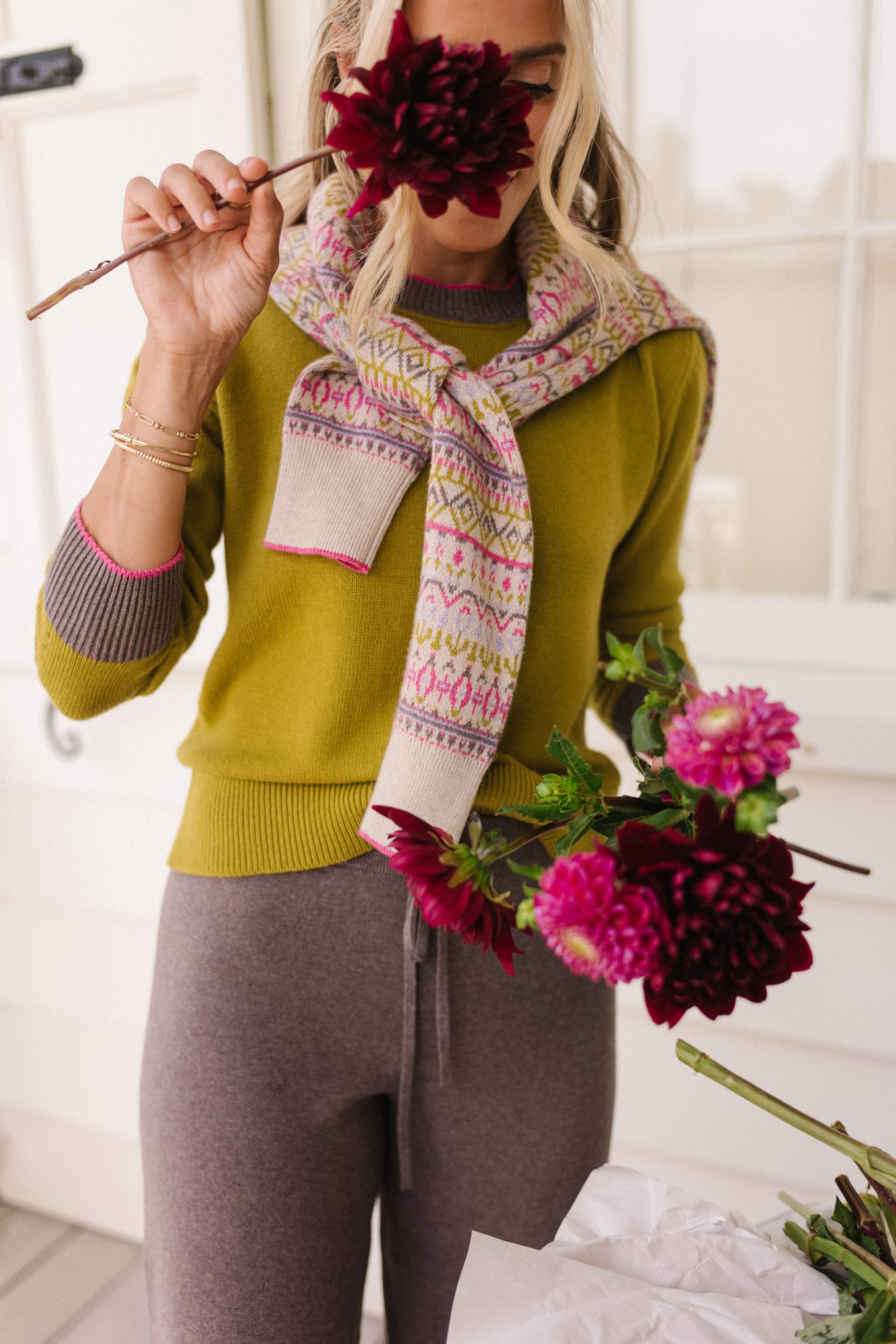 pink green tan geometric patterned cashmere knits for fall