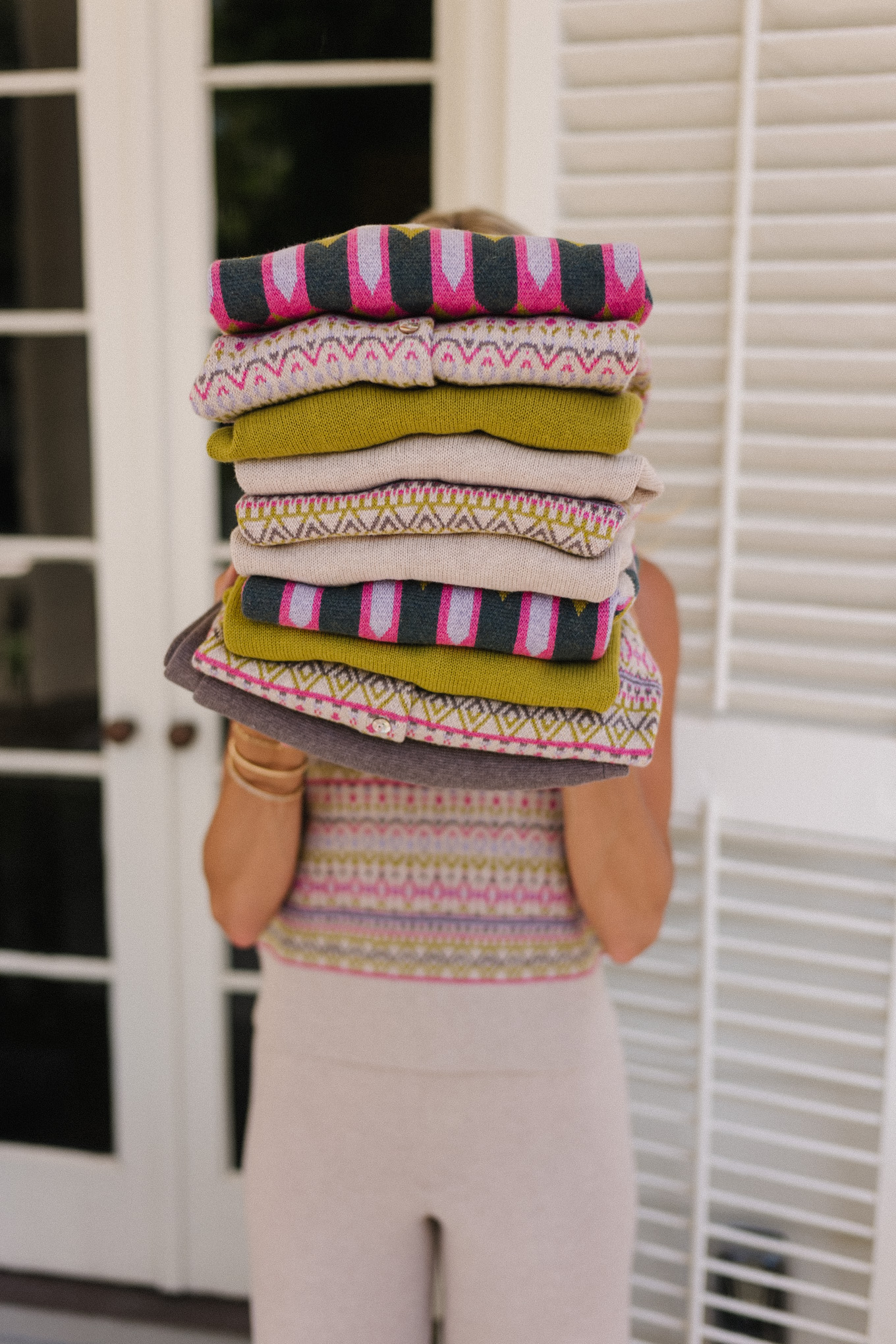 pink green tan geometric patterned cashmere knits for fall